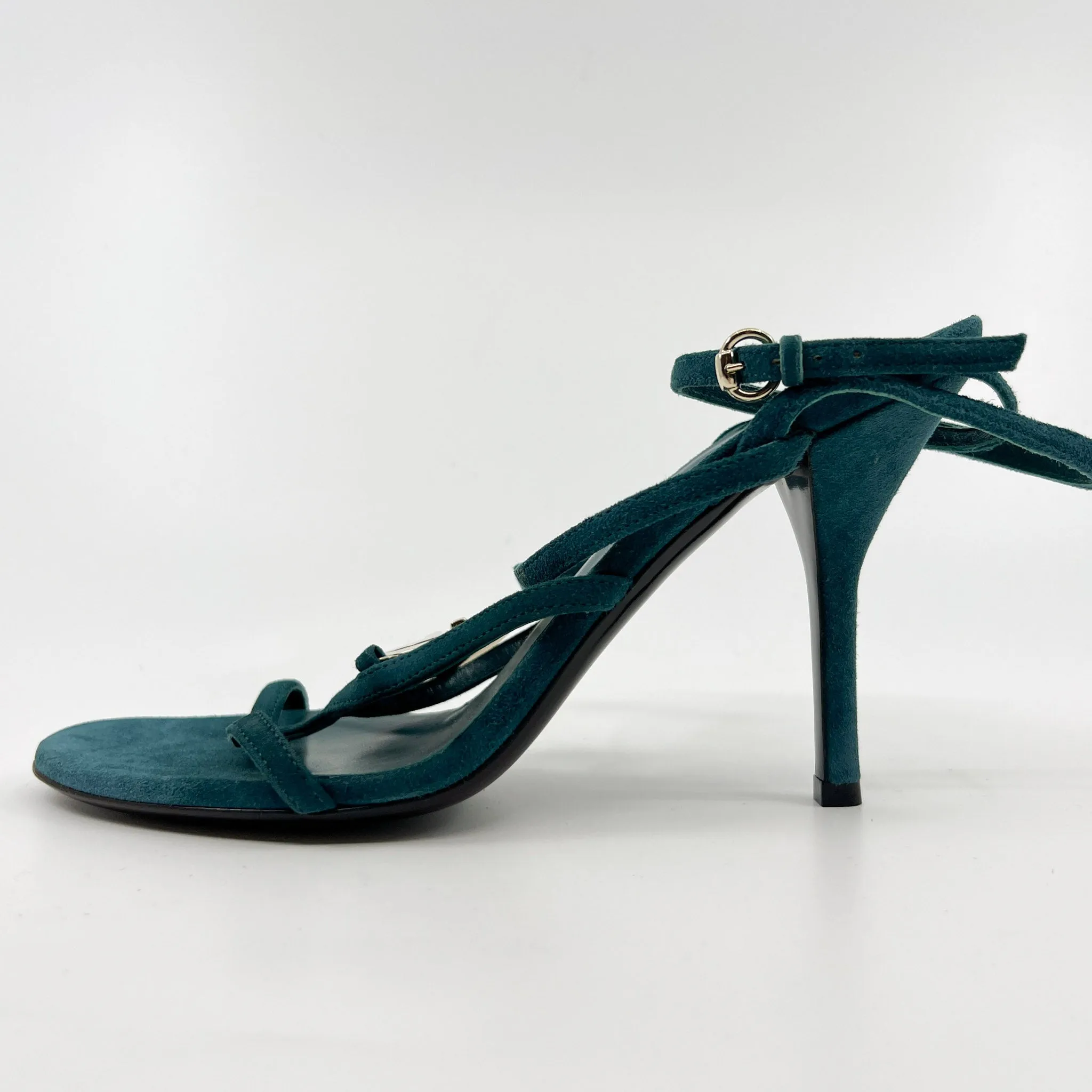 Gucci GG Teal Green Suede & Leather Strappy Cage Heeled Shoes EU37 ~ AU6