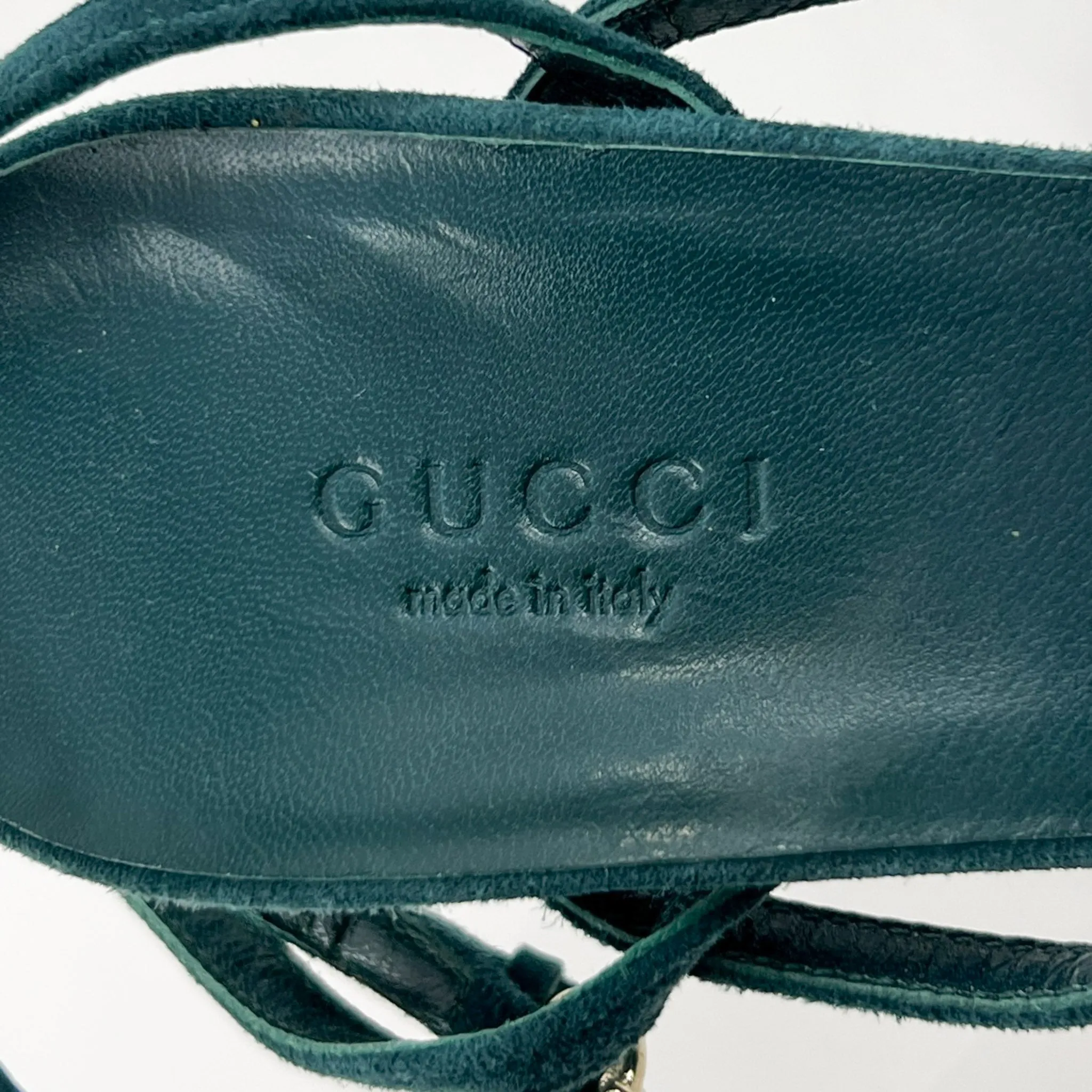 Gucci GG Teal Green Suede & Leather Strappy Cage Heeled Shoes EU37 ~ AU6