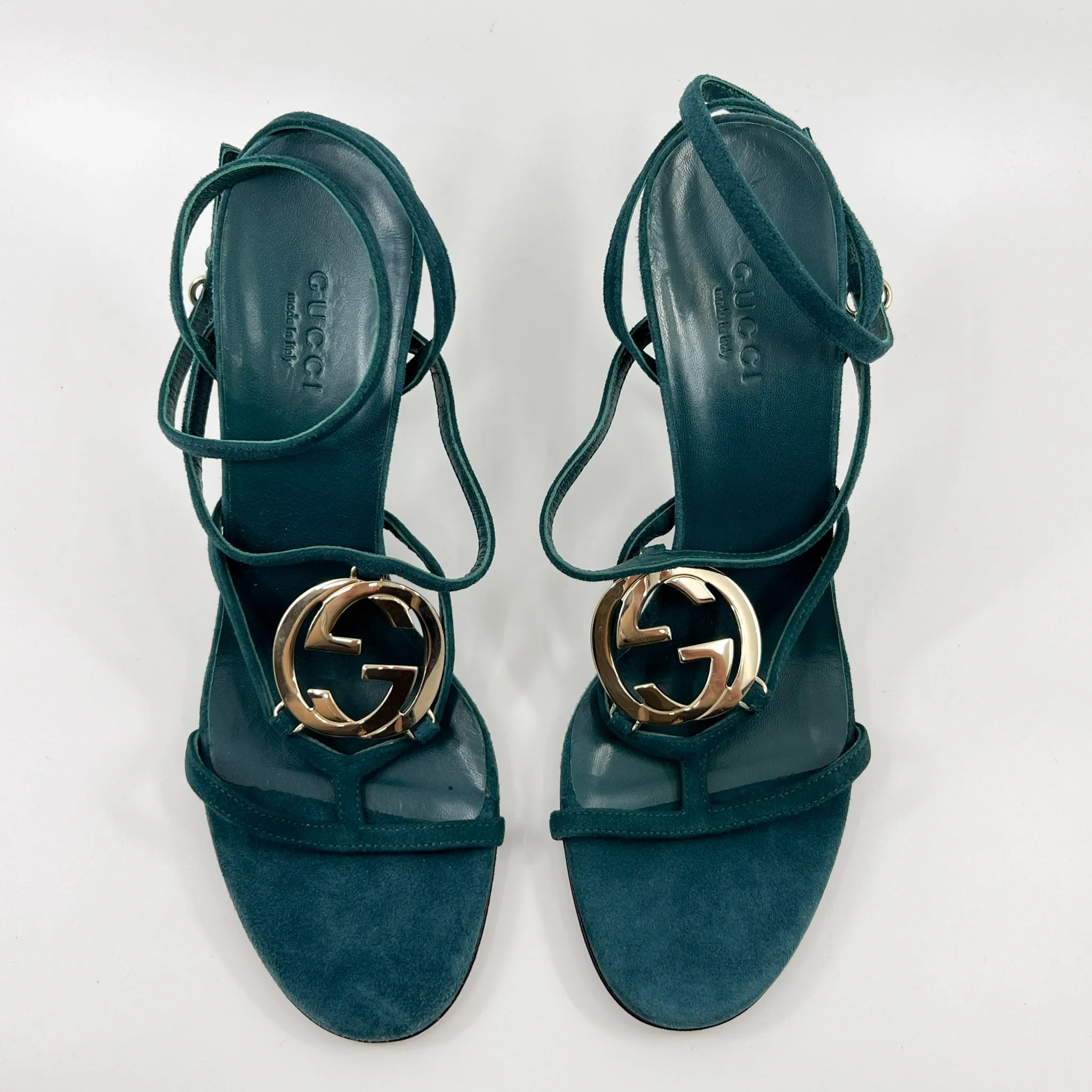 Gucci GG Teal Green Suede & Leather Strappy Cage Heeled Shoes EU37 ~ AU6