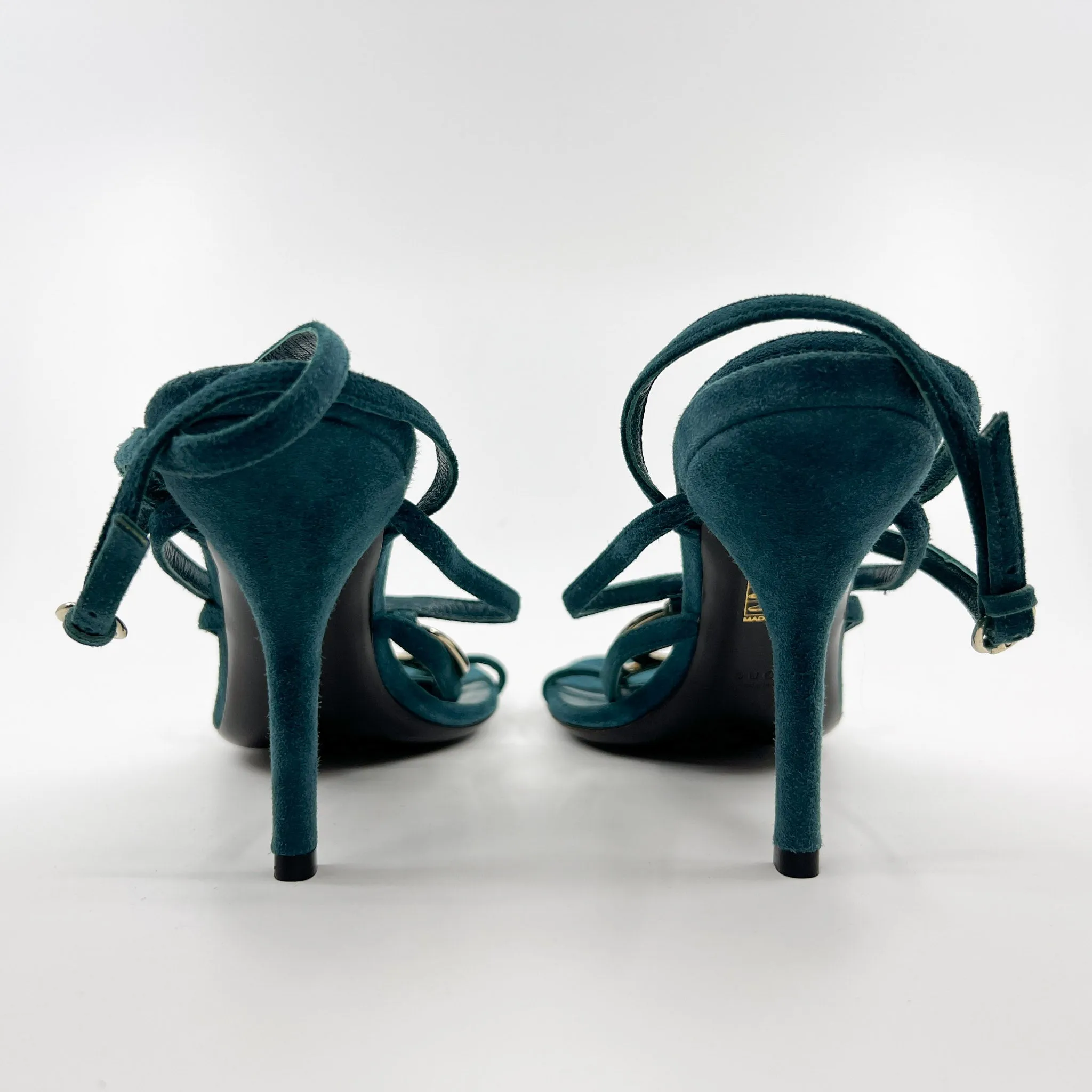 Gucci GG Teal Green Suede & Leather Strappy Cage Heeled Shoes EU37 ~ AU6