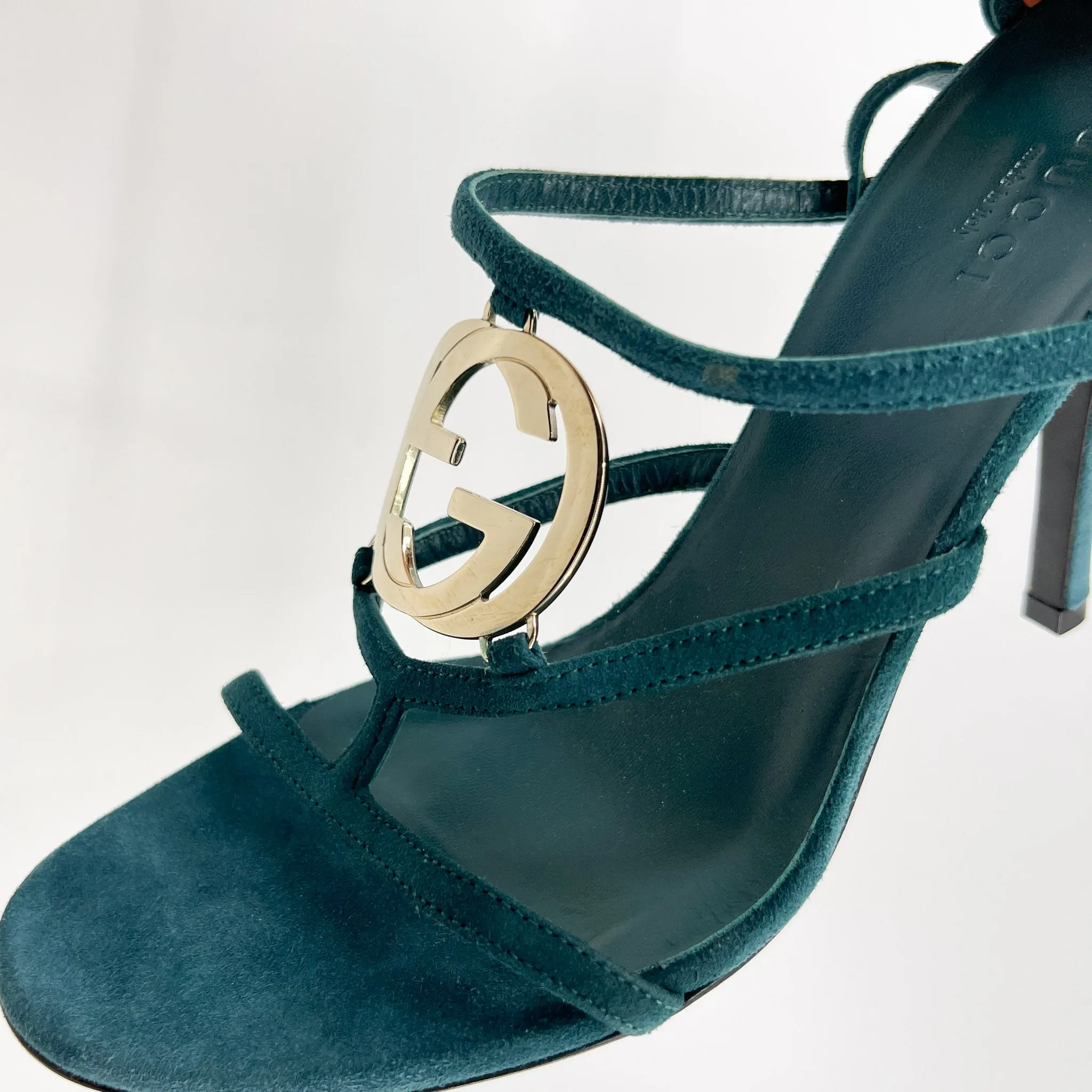 Gucci GG Teal Green Suede & Leather Strappy Cage Heeled Shoes EU37 ~ AU6