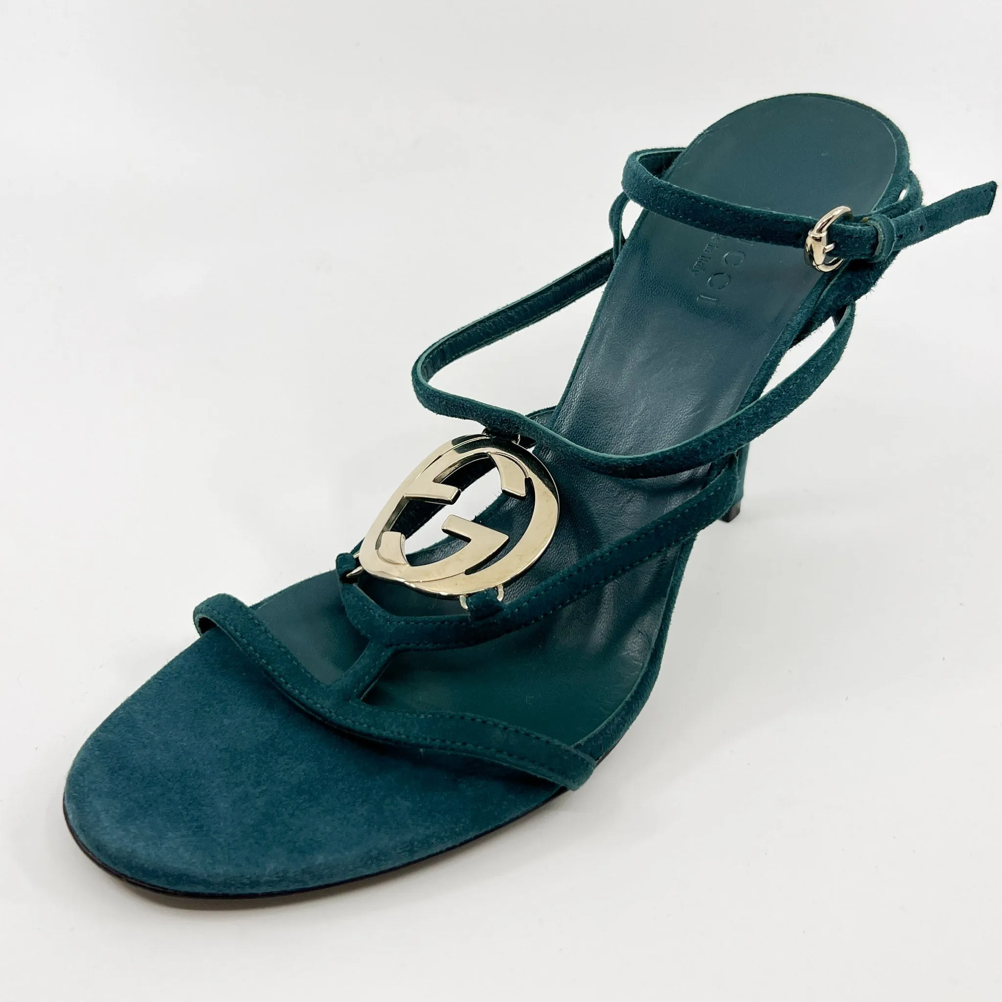 Gucci GG Teal Green Suede & Leather Strappy Cage Heeled Shoes EU37 ~ AU6