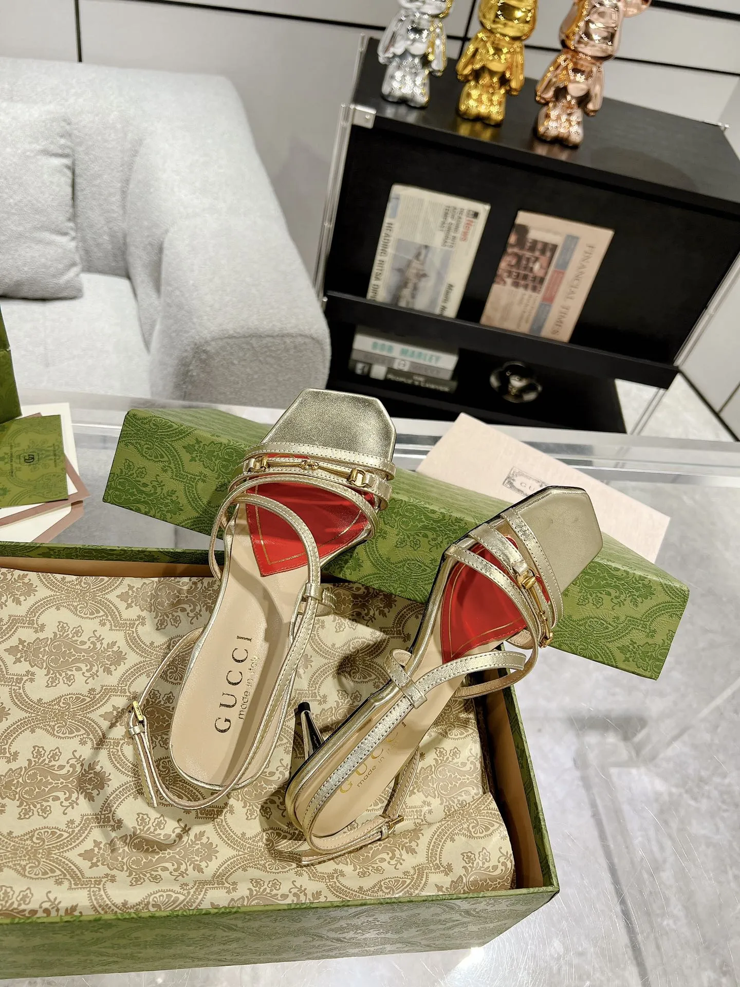 Gucci HEEL SANDAL CALFSKIN CLASSIC STRAPPY GOLD GG Trackable METALLIC Dependable