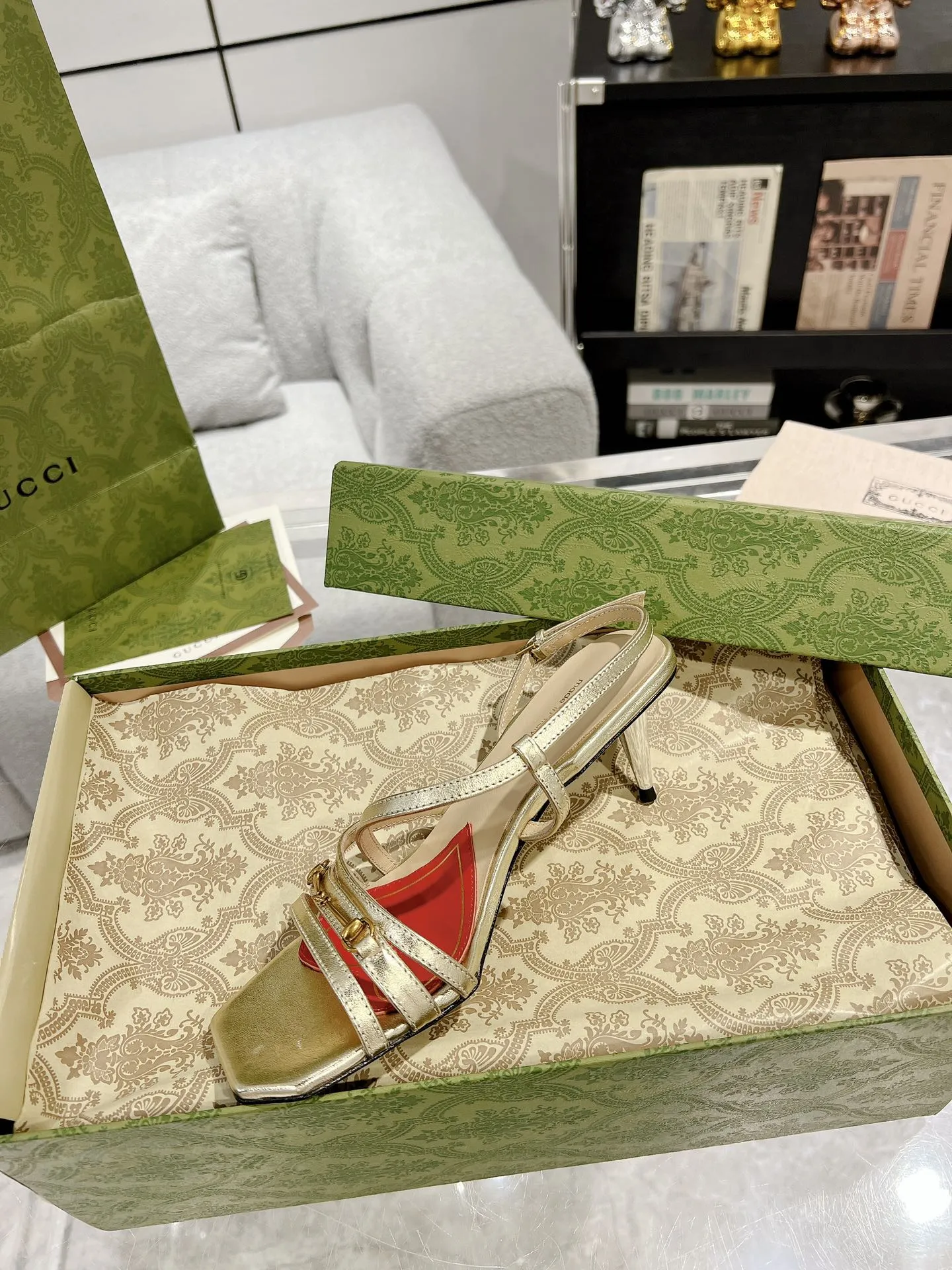 Gucci HEEL SANDAL CALFSKIN CLASSIC STRAPPY GOLD GG Trackable METALLIC Dependable