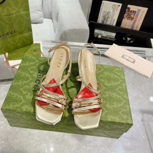 Gucci HEEL SANDAL CALFSKIN CLASSIC STRAPPY GOLD GG Trackable METALLIC Dependable
