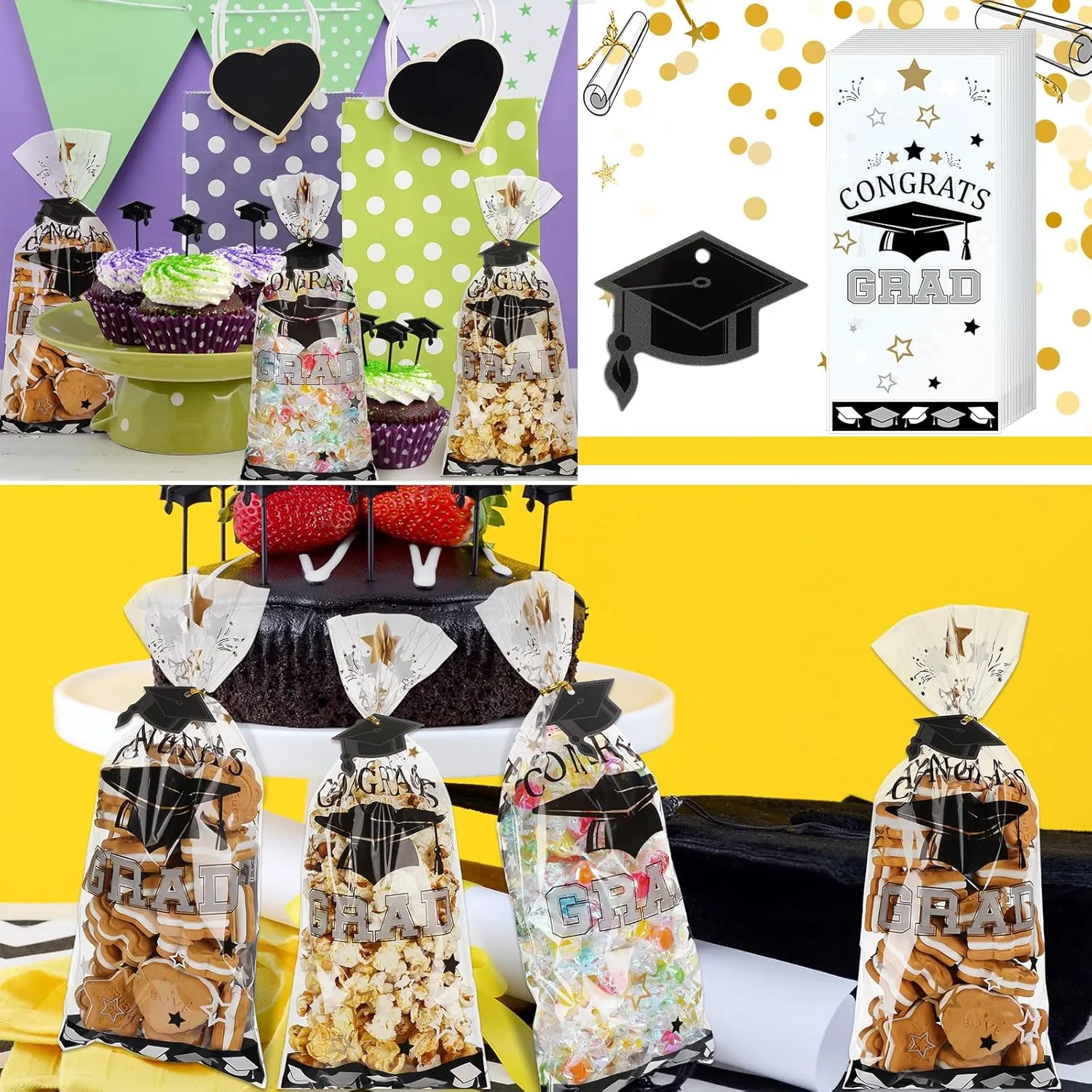 Gueevin 150 Set Grad Cellophane Treat Bags Bulk Goodie Candy Cookie Cello Bags with Twist Ties Gift Cards Party Favors for Party Supplies