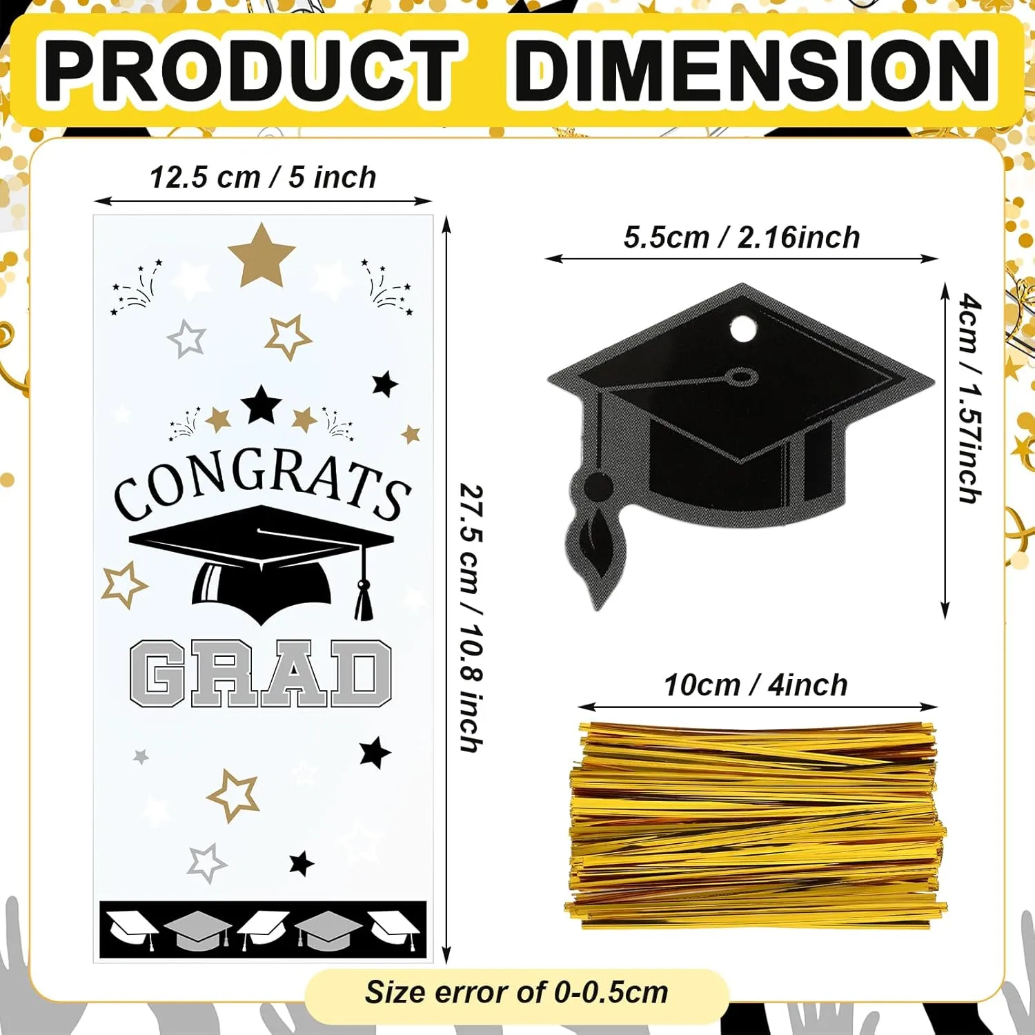 Gueevin 150 Set Grad Cellophane Treat Bags Bulk Goodie Candy Cookie Cello Bags with Twist Ties Gift Cards Party Favors for Party Supplies