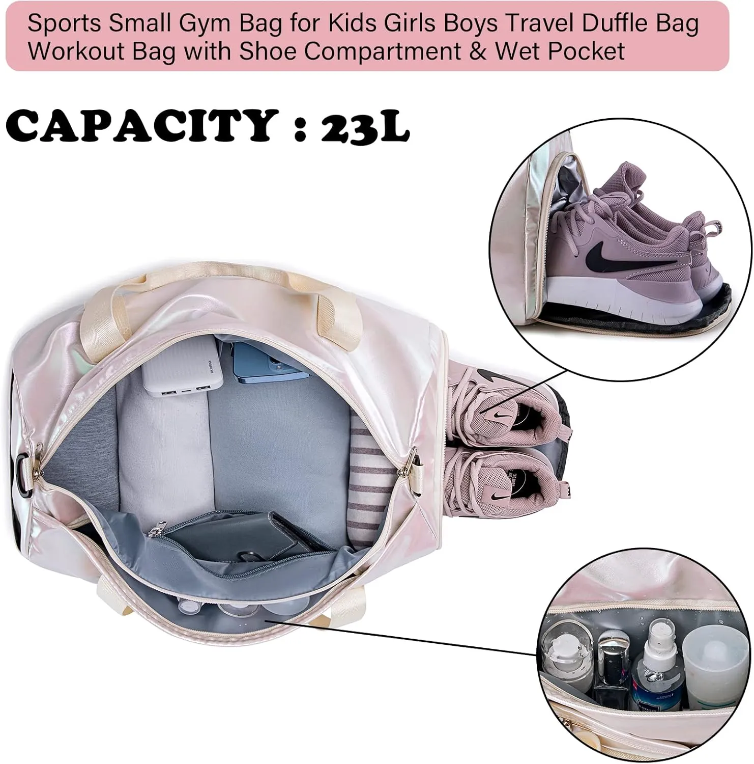 Gym Bag Sports Duffle Bag with Wet Pocket Weekender Overnight Bag with Waterproof Shoe Pouch and Air Hole for Women Girls Travel Foldable Bag (Metallic Beige)