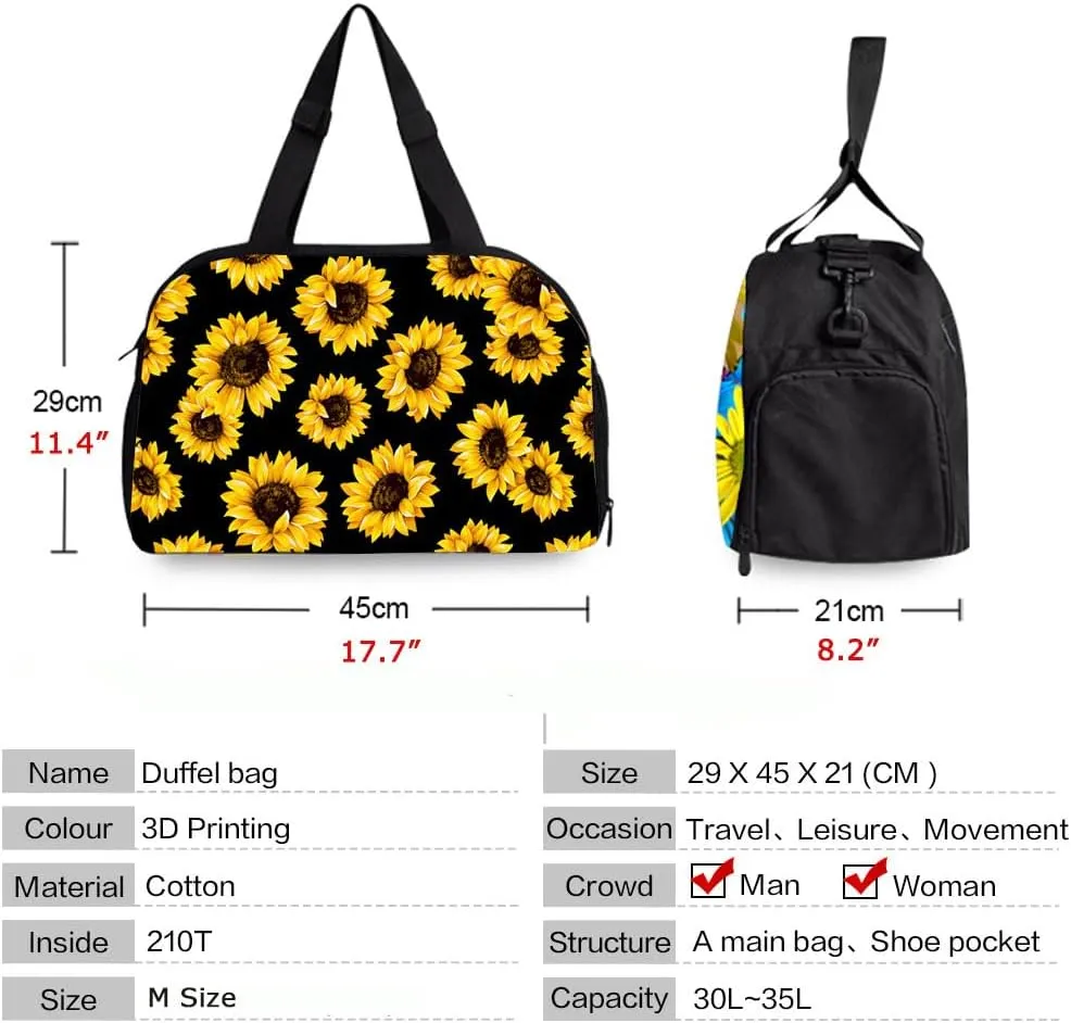 Gym Bags for Women Men Large, Sports Gym Duffle Bag with Shoe Compartment, Cute Gym Duffel Bag, Portable Workout Weekender Overnight Weekend Hospital Tote Bag Flora Yellow Sunflower Print