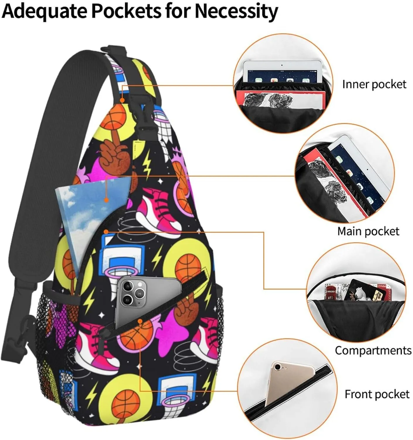 Hand Drawn Basketball Chest Bags Crossbody Sling Bag Shoulder Bag Travel Hiking Daypack For Men Women