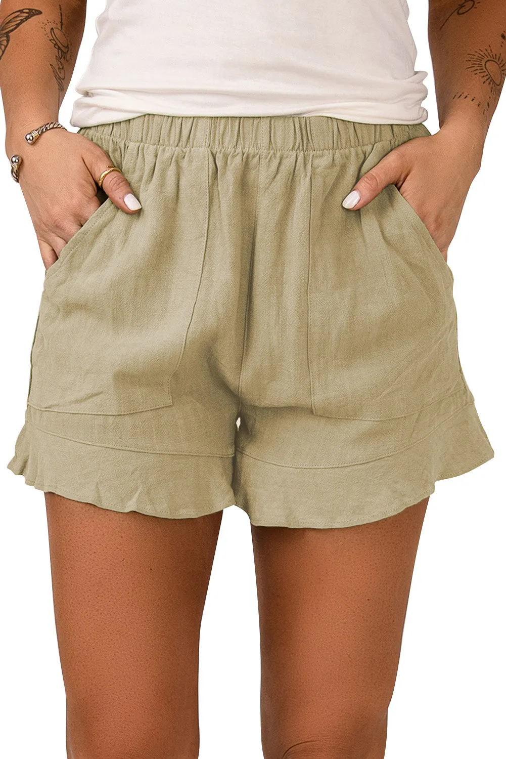 High Waist Pocketed Ruffle Shorts