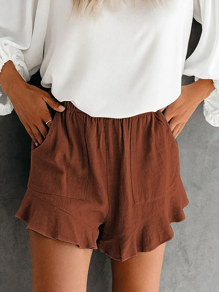 High Waist Pocketed Ruffle Shorts