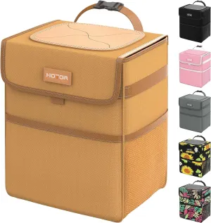 HOTOR Car Trash Can with Lid, Brown Trash Bag Hanging with Storage Pockets, 100% Leak-Proof Garbage Can with Adjustable Straps, Magnetic Snaps, Waterproof Interior Car Bin