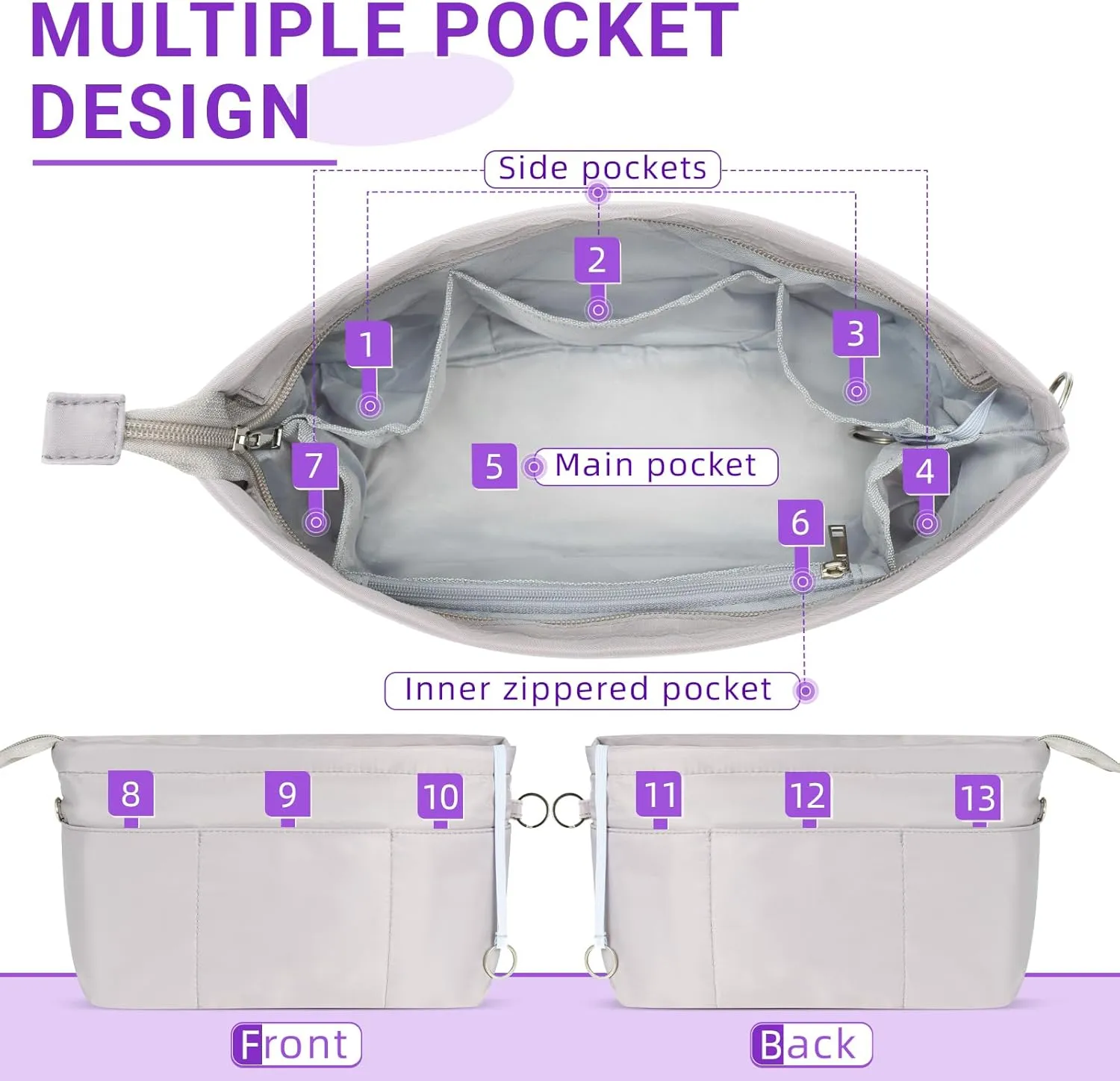HyFanStr Purse Organizer Insert with Zipped Top for Tote Bag, Handbag Shaper with 13 Pockets