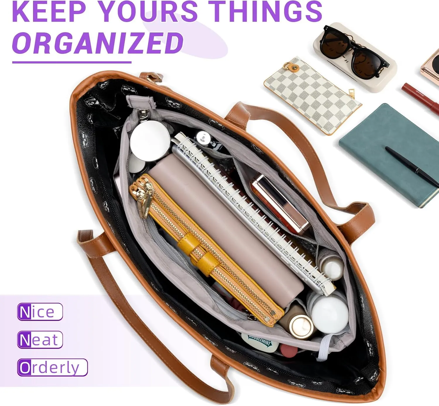 HyFanStr Purse Organizer Insert with Zipped Top for Tote Bag, Handbag Shaper with 13 Pockets