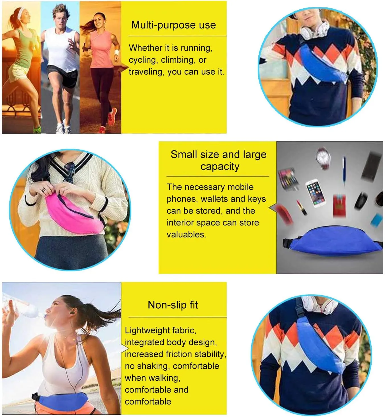 INNOLIFE Unisex Men Women Fashion Sporty Multi-Purpose 2-Zipper Waist Belt Bag Fanny Pack Adjustable Strap for Sport Hiking Traveling Passport Wallet(3-Pack Black Purple Red)