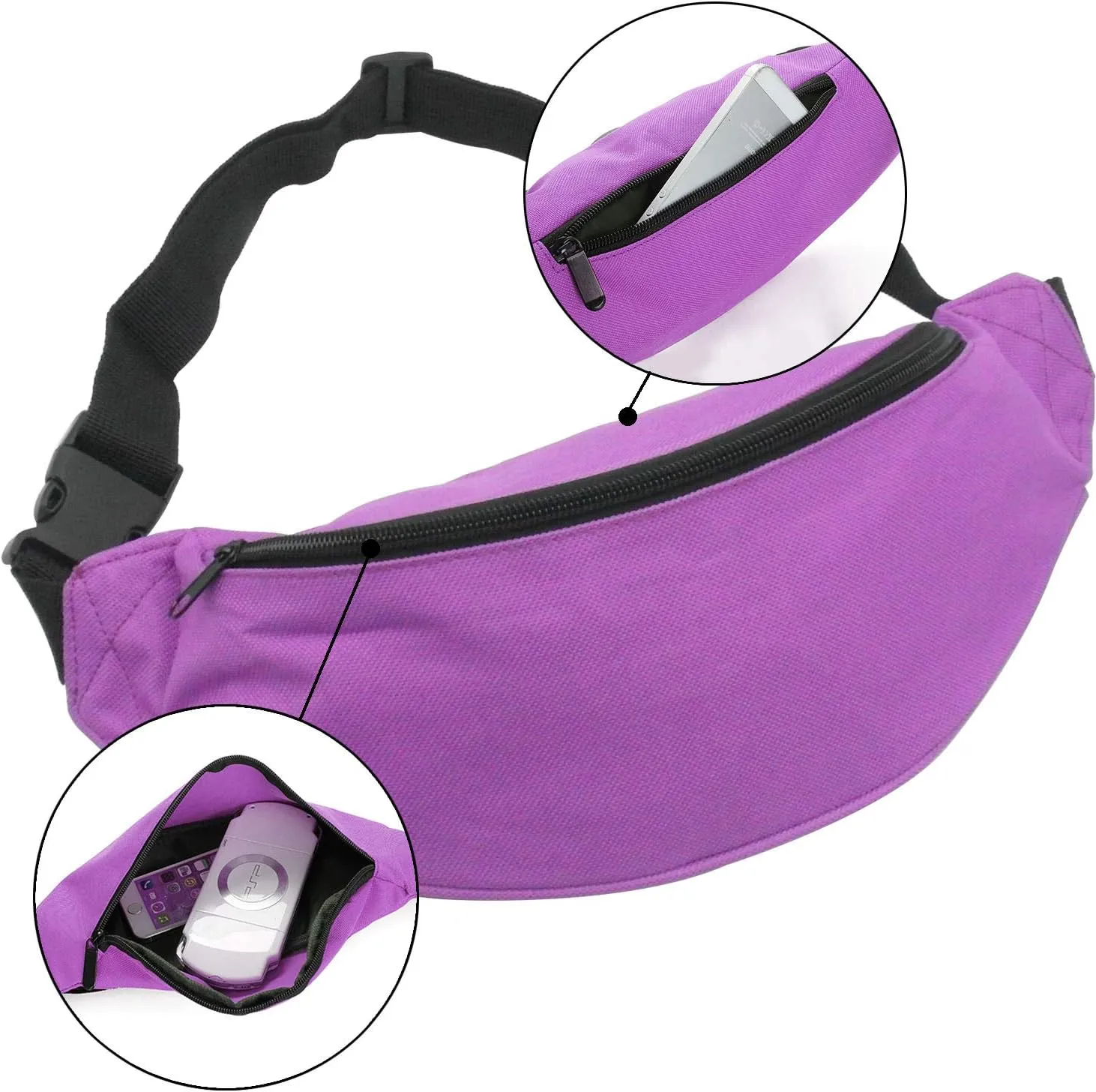 INNOLIFE Unisex Men Women Fashion Sporty Multi-Purpose 2-Zipper Waist Belt Bag Fanny Pack Adjustable Strap for Sport Hiking Traveling Passport Wallet(3-Pack Black Purple Red)