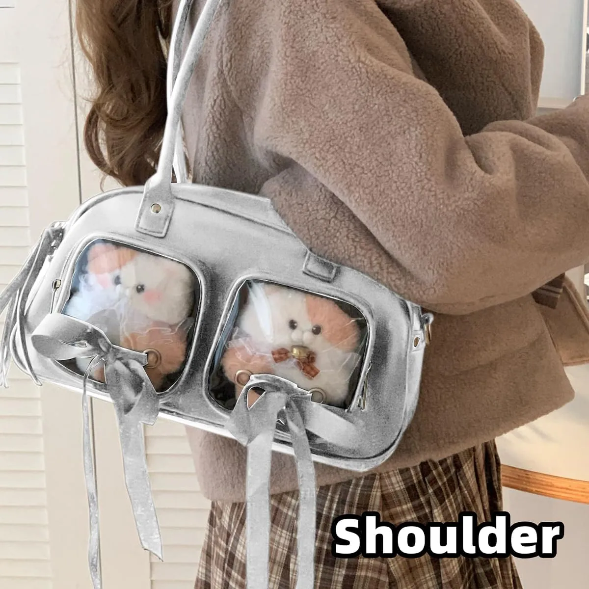 Ita Bag for Anime Cosplay - Kawaii Shoulder Purse with 2 Clear Display Windows & Aesthetic Bow, Dolls Not Included
