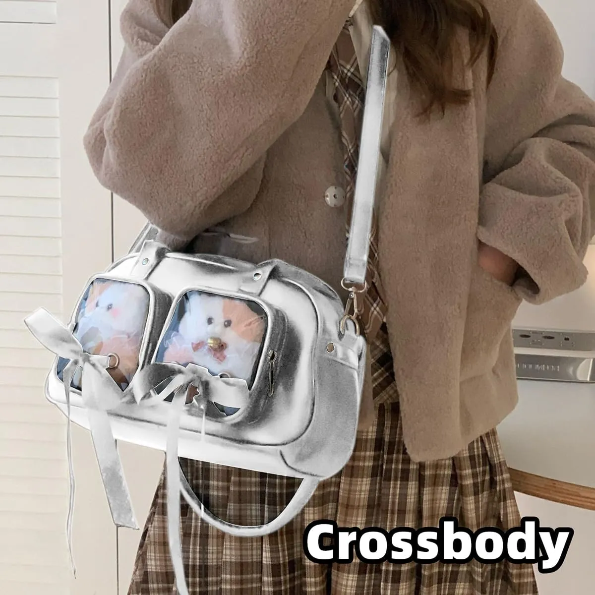 Ita Bag for Anime Cosplay - Kawaii Shoulder Purse with 2 Clear Display Windows & Aesthetic Bow, Dolls Not Included