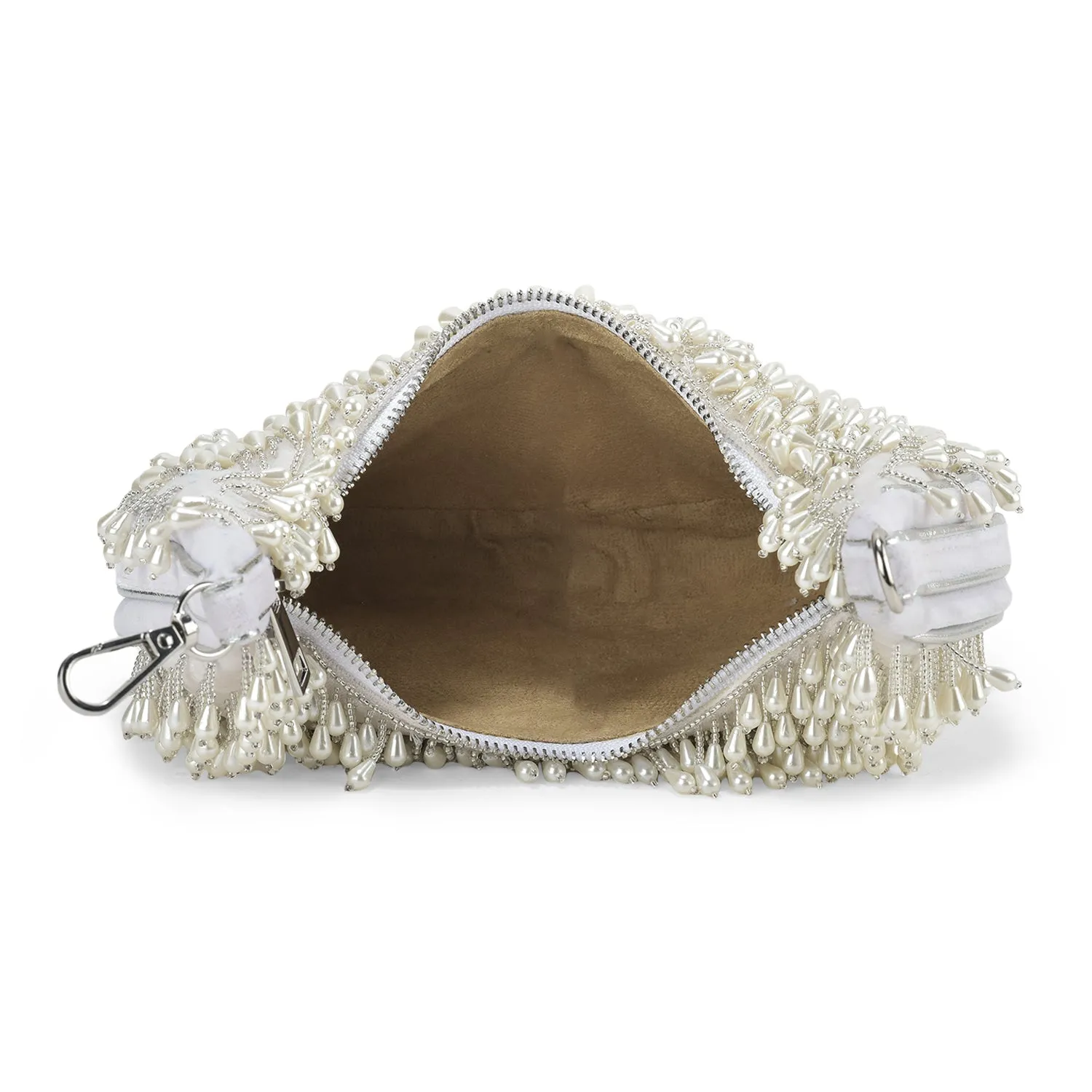 Ivory Embellished Venti Pearl Tasselled Hobo Bag