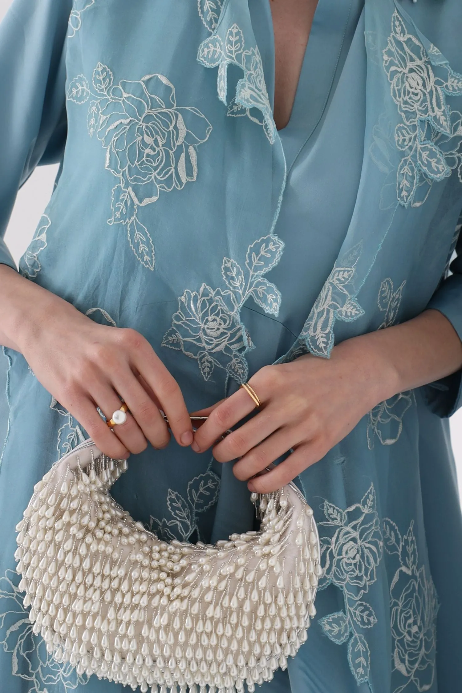 Ivory Embellished Venti Pearl Tasselled Hobo Bag