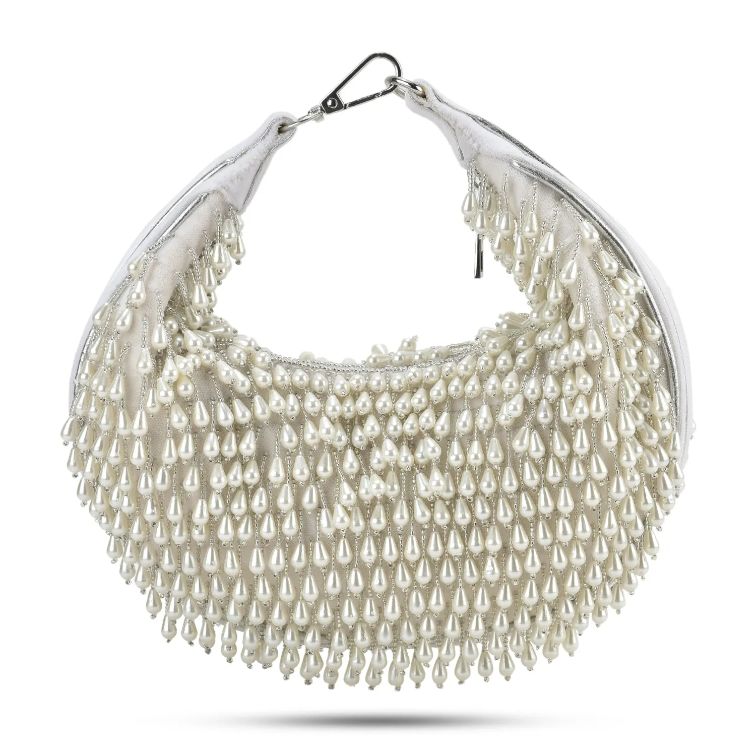 Ivory Embellished Venti Pearl Tasselled Hobo Bag