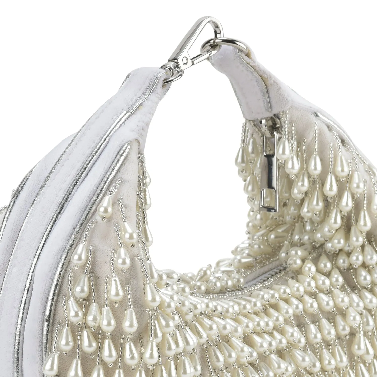 Ivory Embellished Venti Pearl Tasselled Hobo Bag