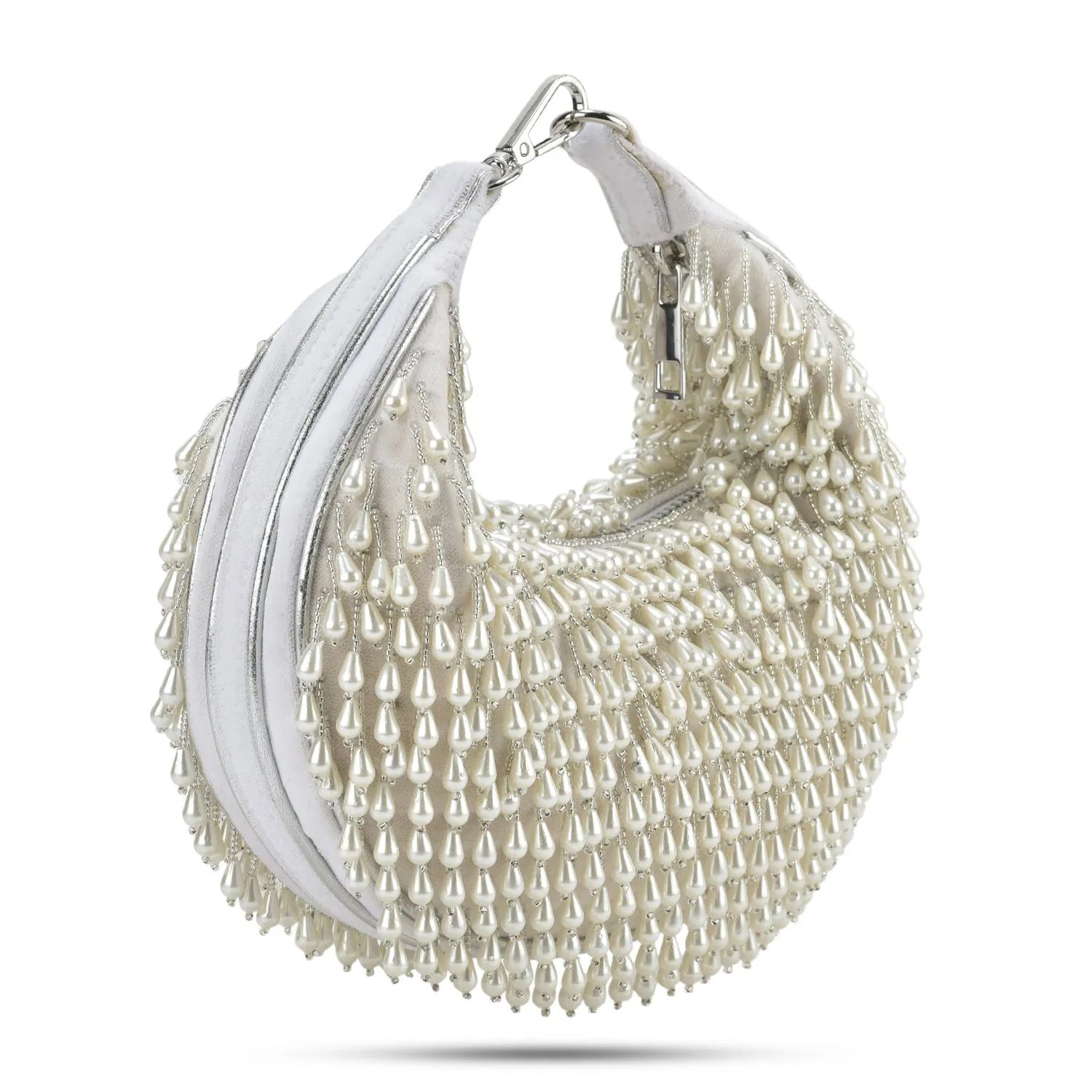 Ivory Embellished Venti Pearl Tasselled Hobo Bag