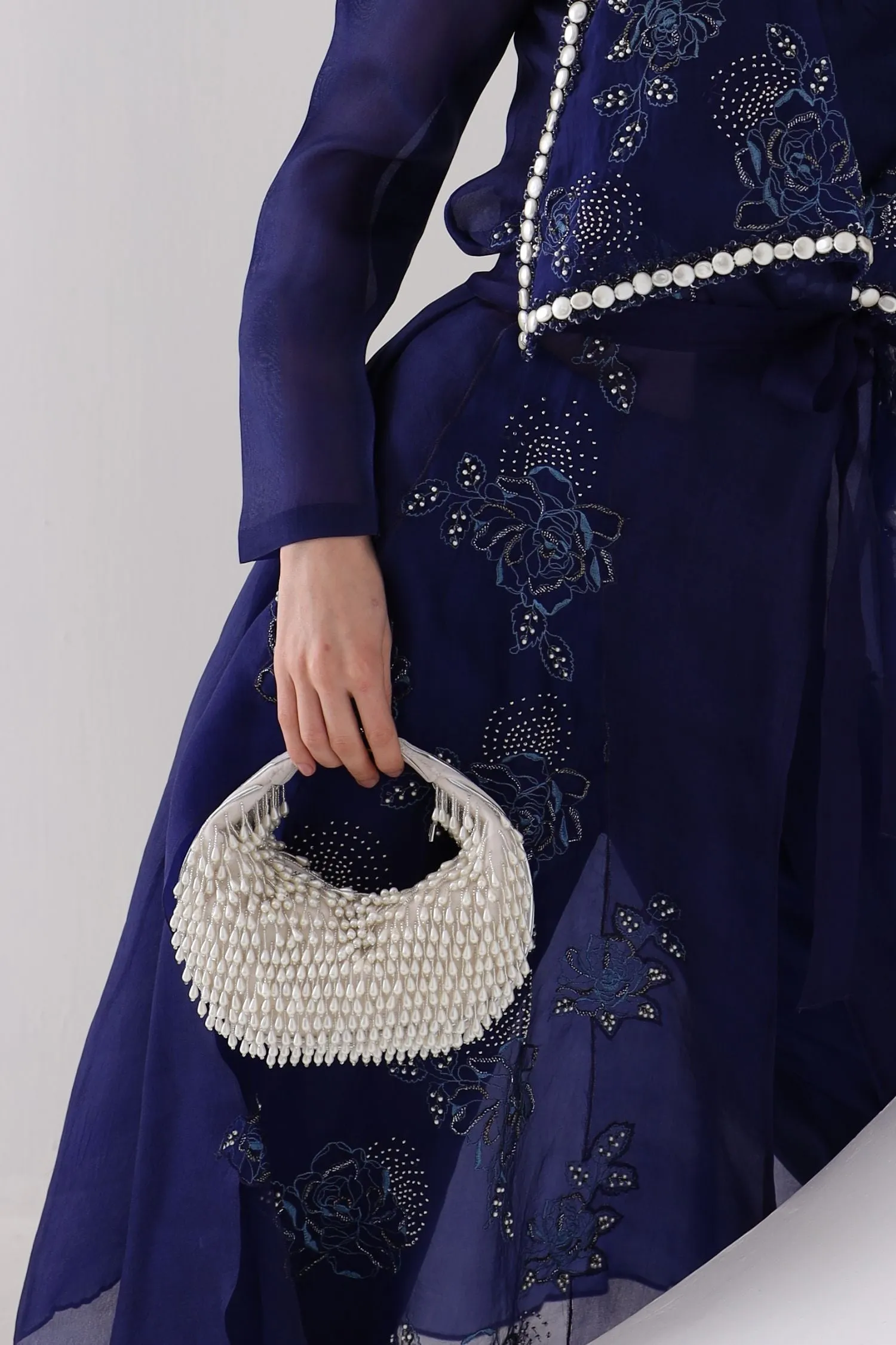 Ivory Embellished Venti Pearl Tasselled Hobo Bag