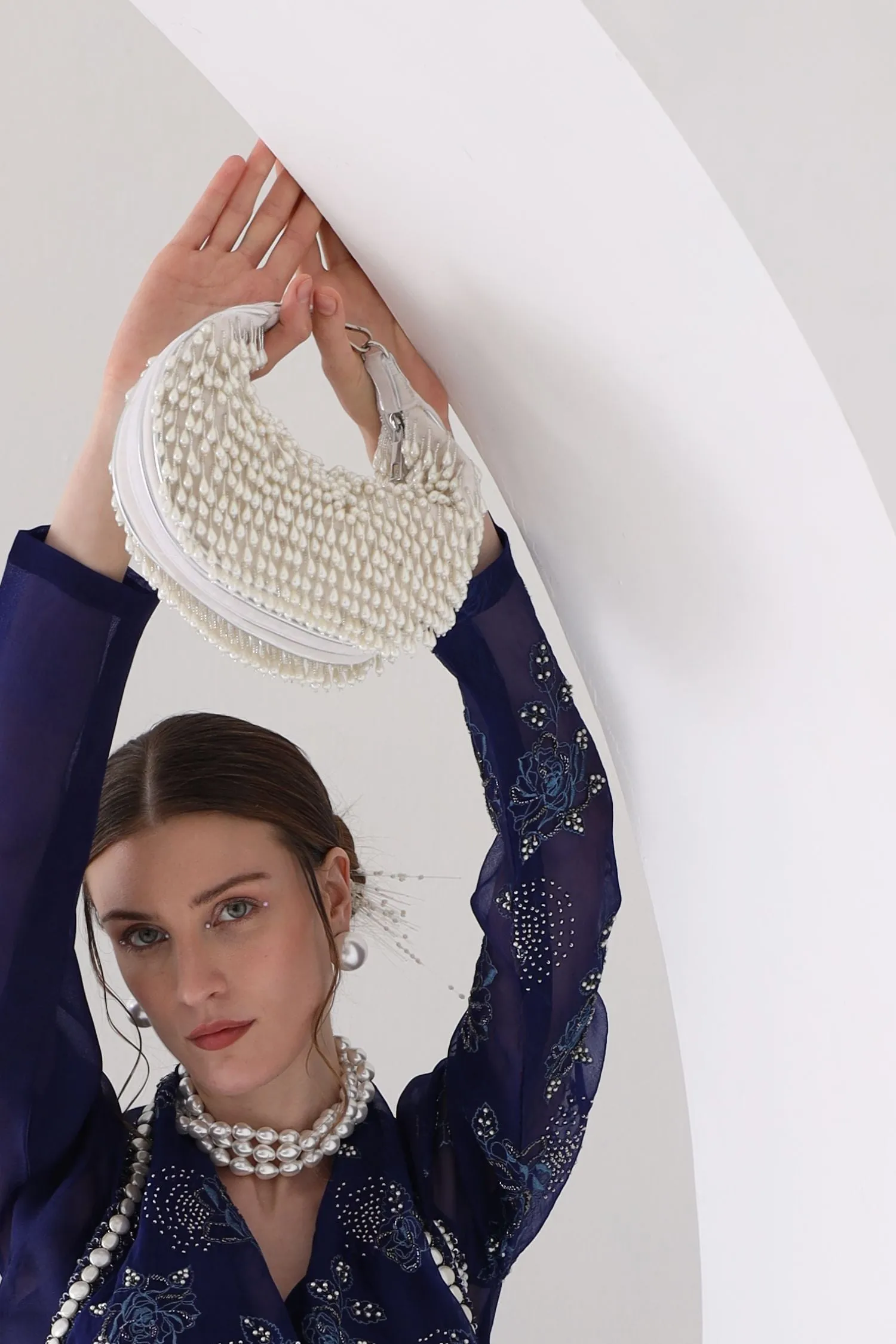 Ivory Embellished Venti Pearl Tasselled Hobo Bag