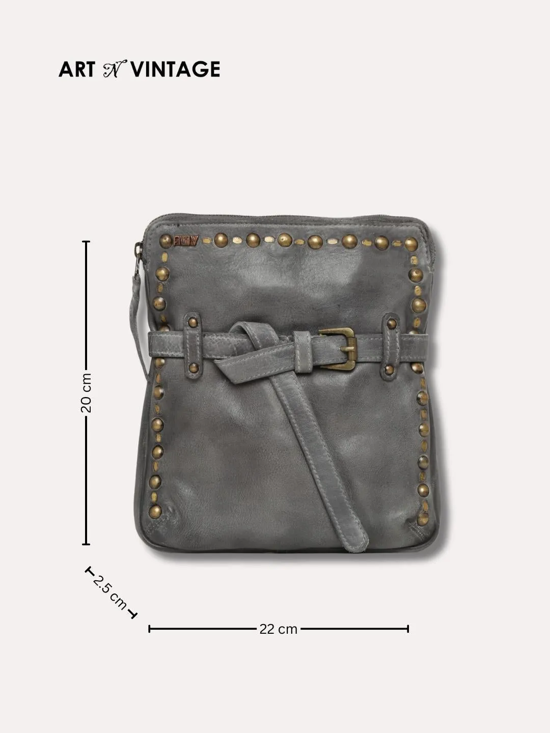 Ivory: Grey Leather Studded Buckled Cross Body