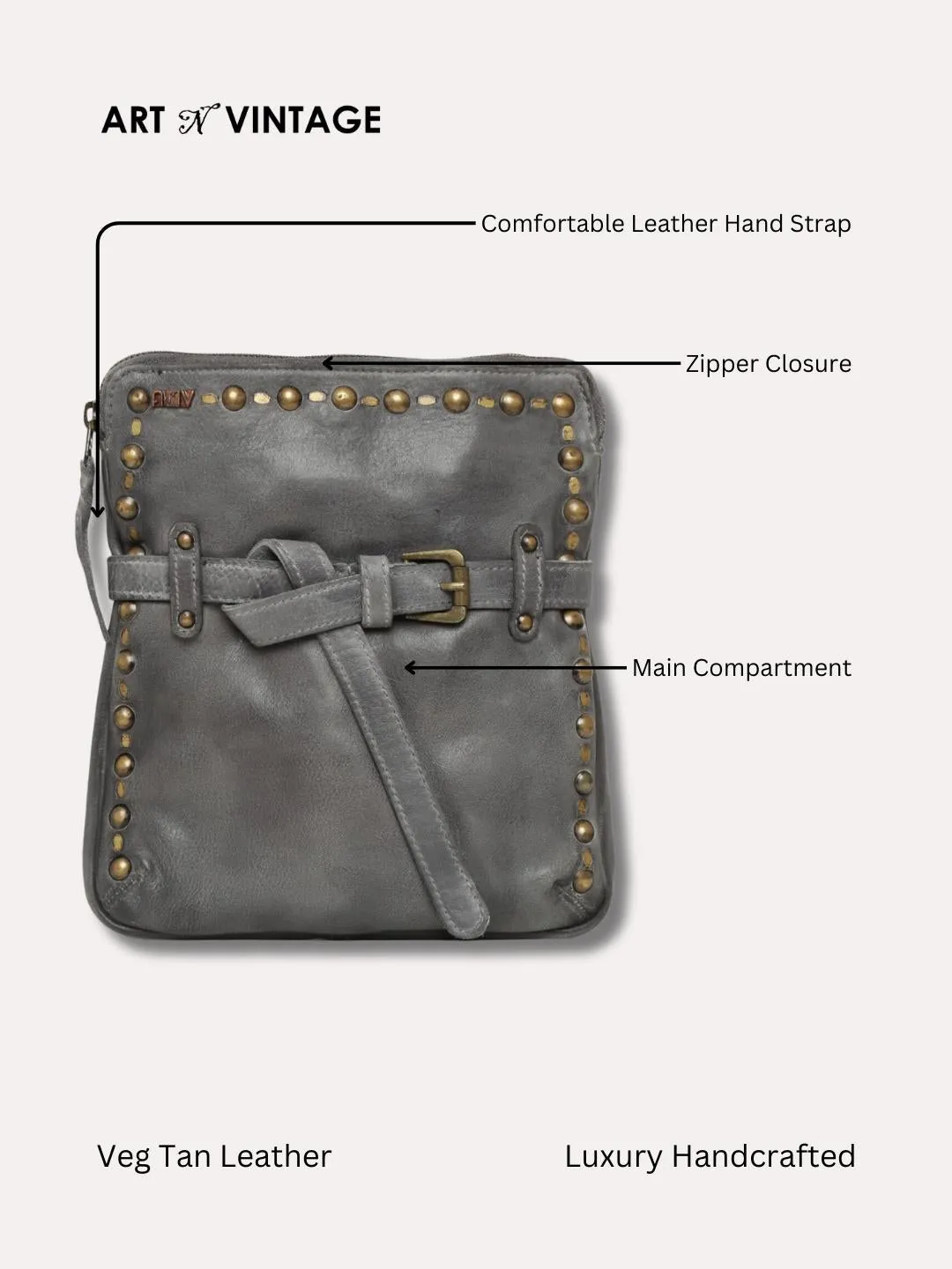 Ivory: Grey Leather Studded Buckled Cross Body