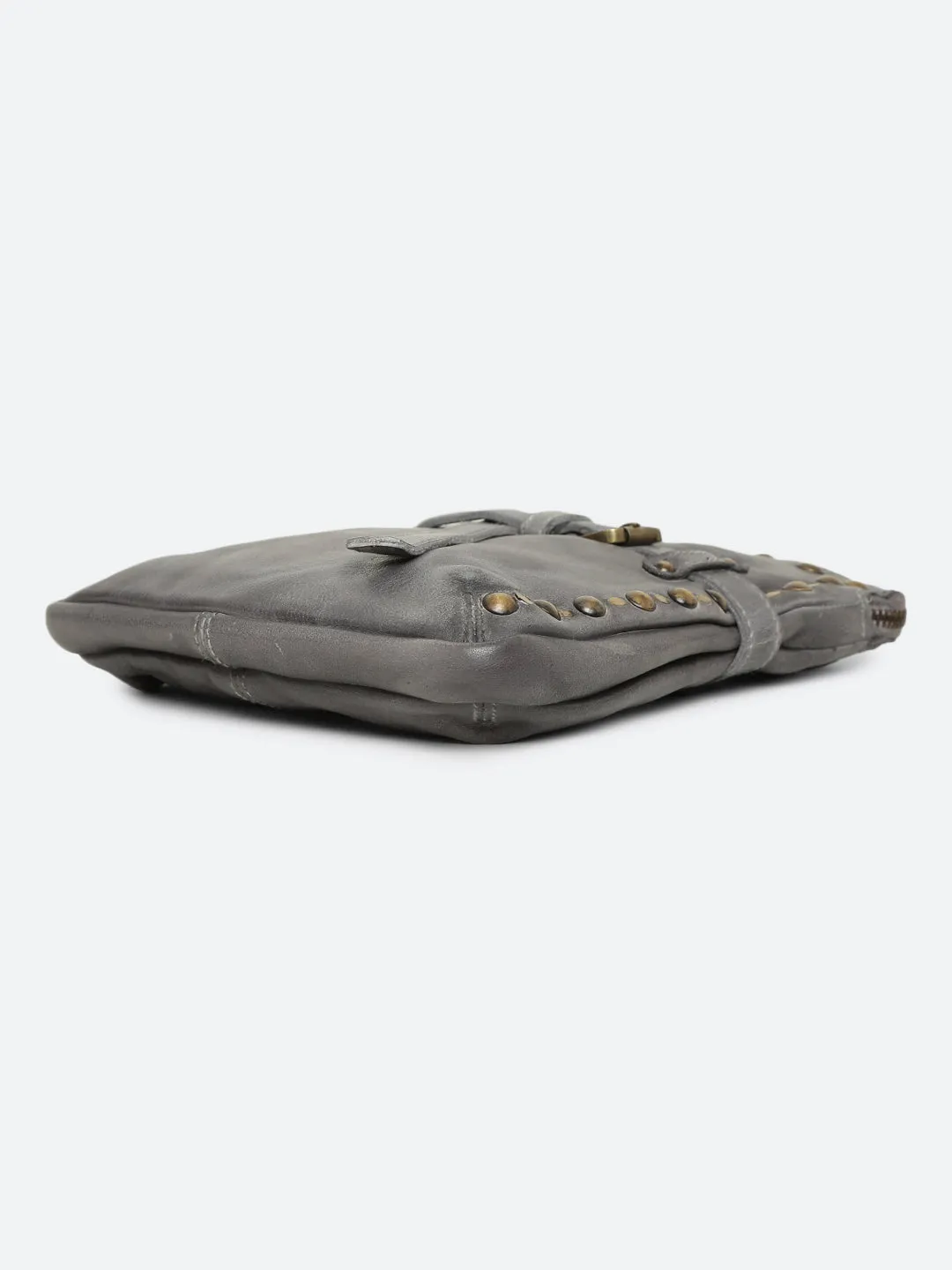 Ivory: Grey Leather Studded Buckled Cross Body