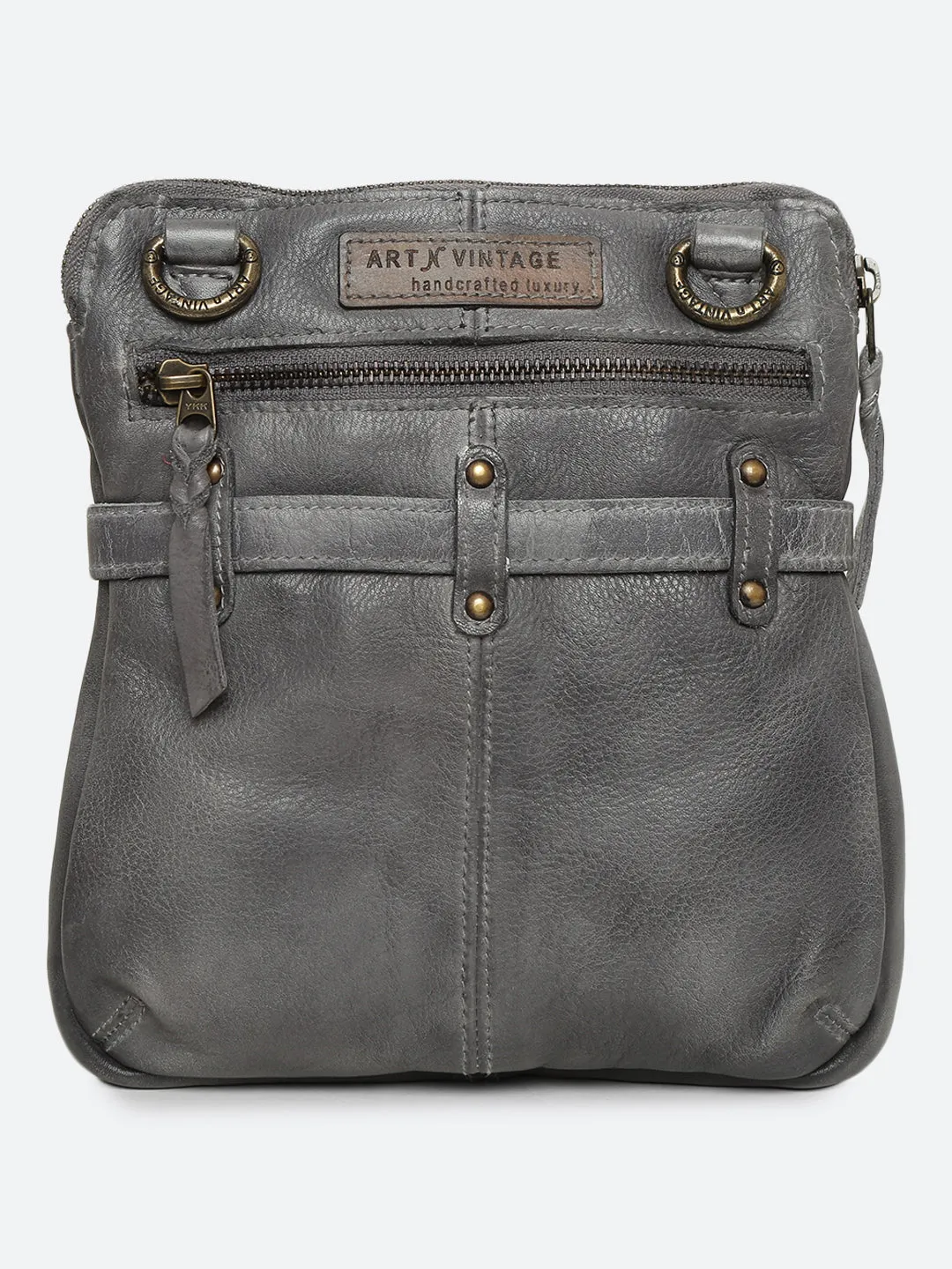 Ivory: Grey Leather Studded Buckled Cross Body