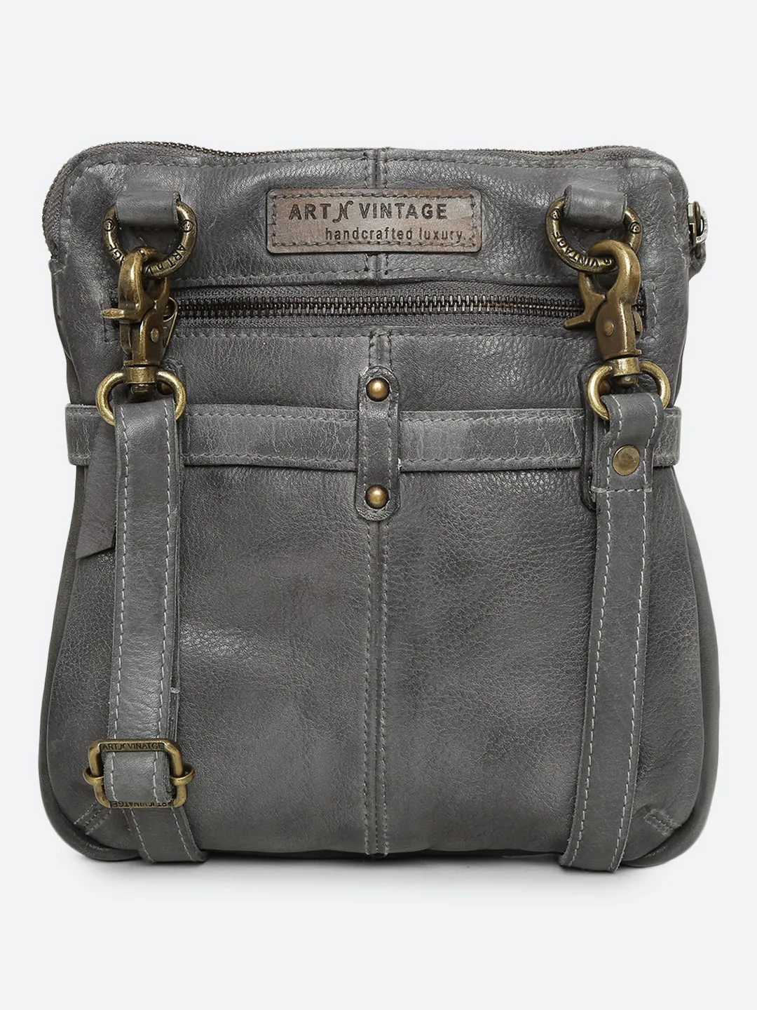 Ivory: Grey Leather Studded Buckled Cross Body