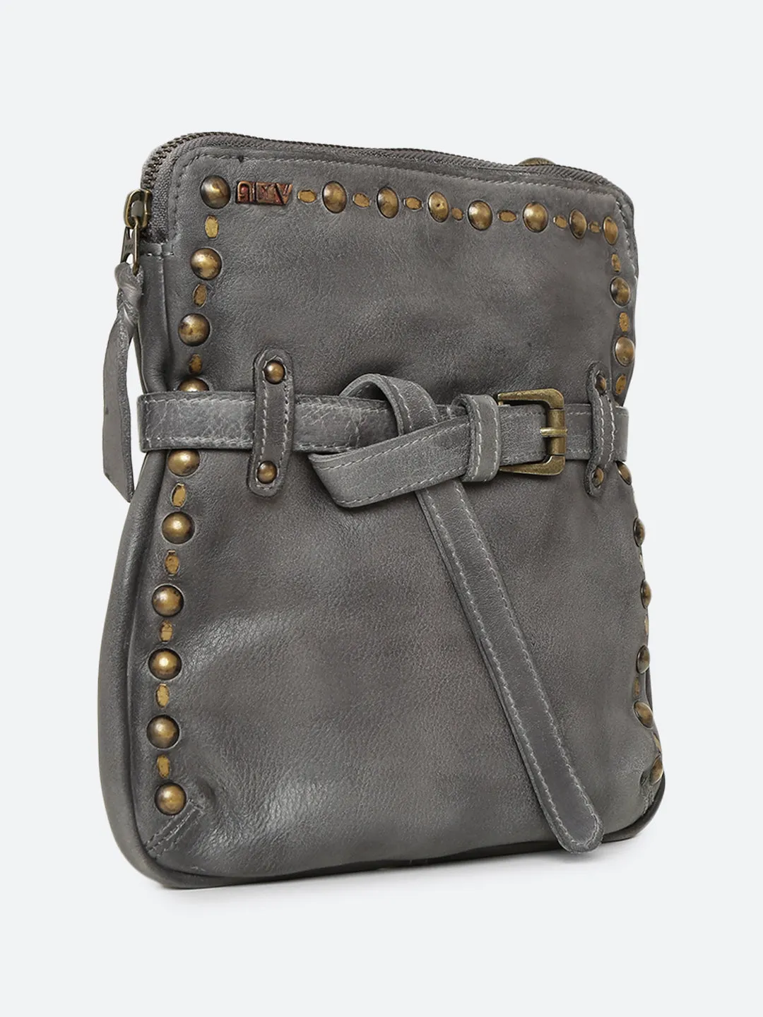 Ivory: Grey Leather Studded Buckled Cross Body