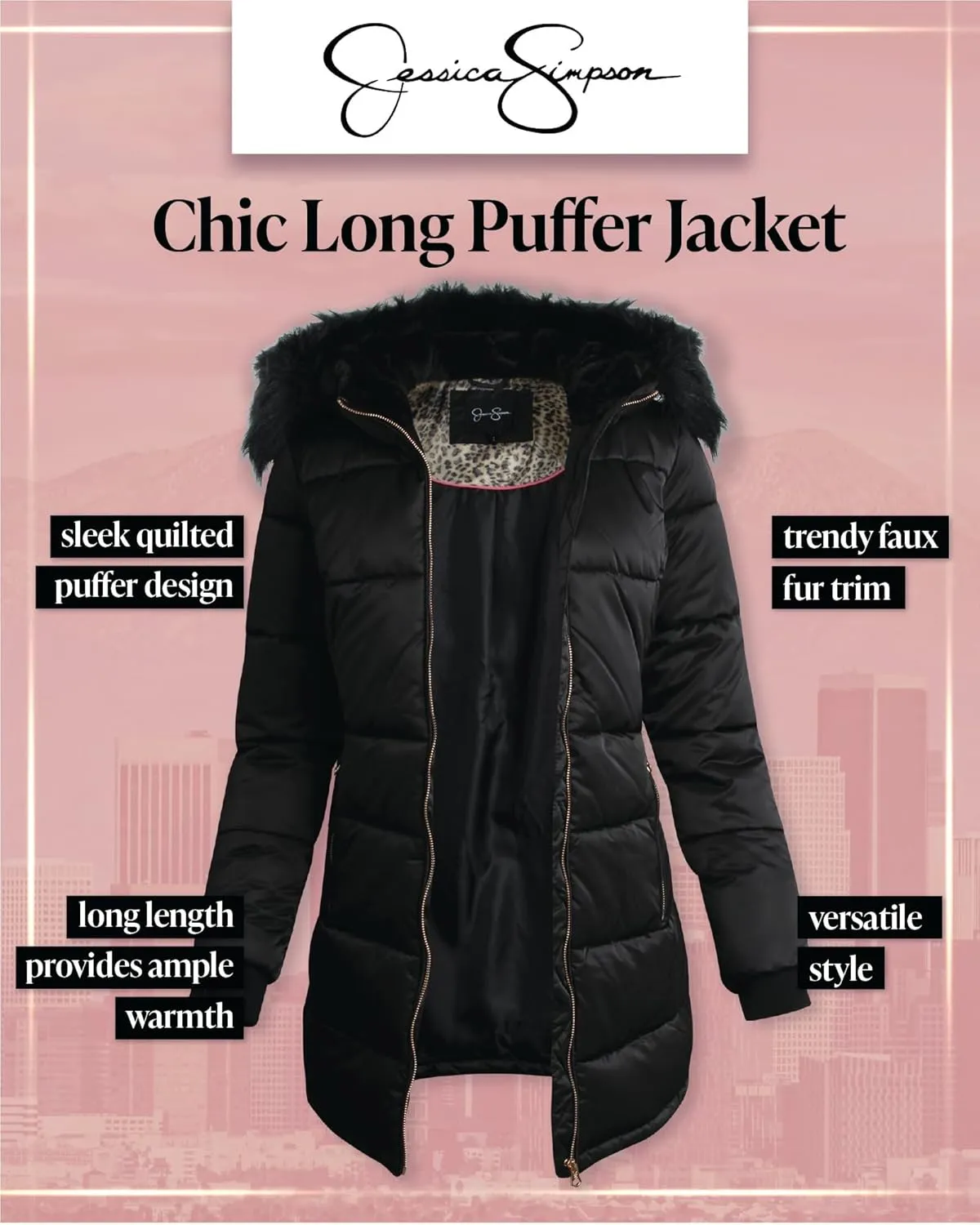 Jessica Simpson Women's Long Puffer Jacket - Quilted Winter Coat with Faux Fur Trim Hood - Insulated Coat for Women (S-XL)