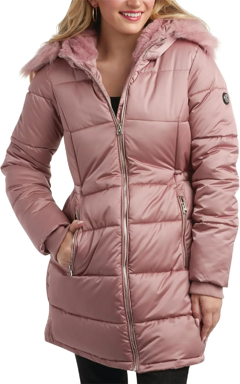 Jessica Simpson Women's Long Puffer Jacket - Quilted Winter Coat with Faux Fur Trim Hood - Insulated Coat for Women (S-XL)