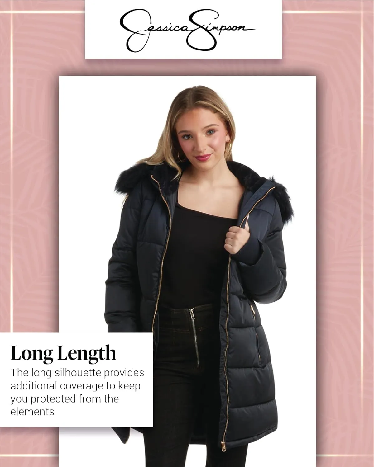 Jessica Simpson Women's Long Puffer Jacket - Quilted Winter Coat with Faux Fur Trim Hood - Insulated Coat for Women (S-XL)