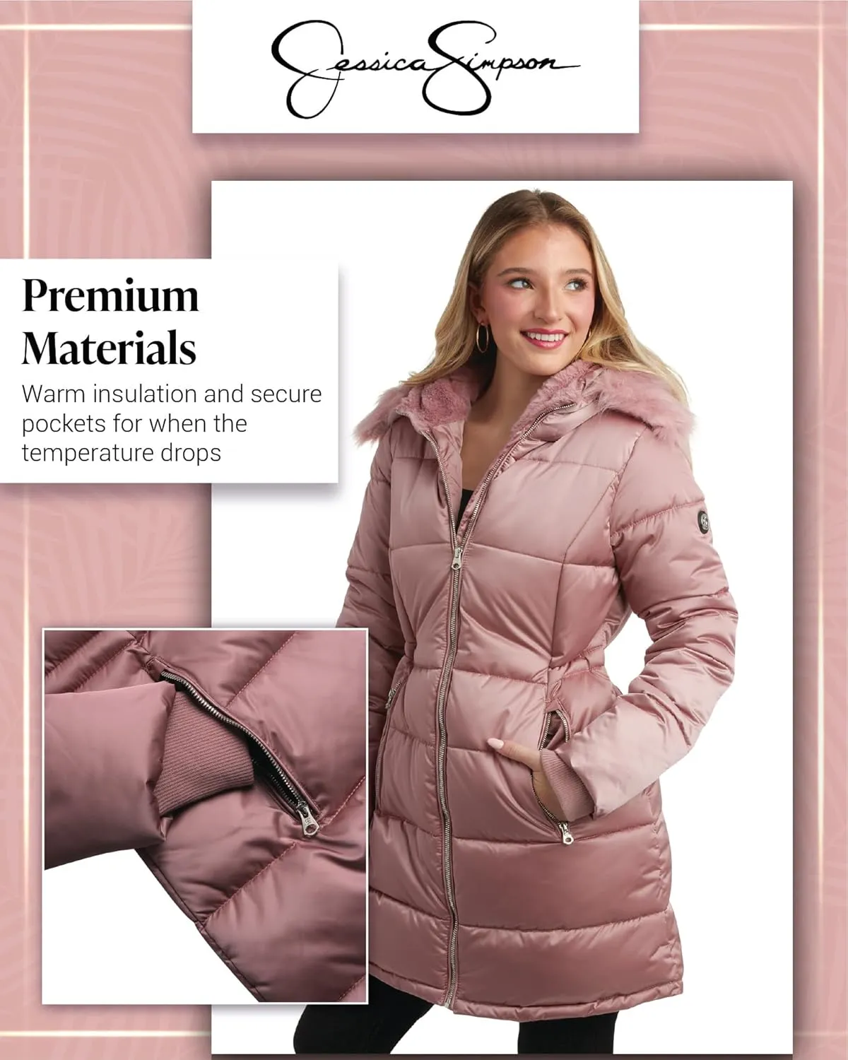 Jessica Simpson Women's Long Puffer Jacket - Quilted Winter Coat with Faux Fur Trim Hood - Insulated Coat for Women (S-XL)