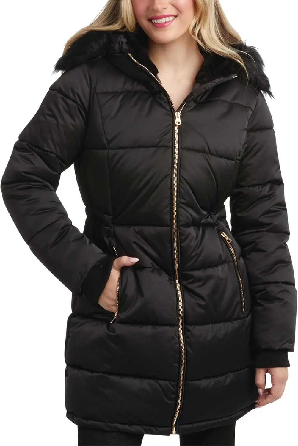 Jessica Simpson Women's Long Puffer Jacket - Quilted Winter Coat with Faux Fur Trim Hood - Insulated Coat for Women (S-XL)
