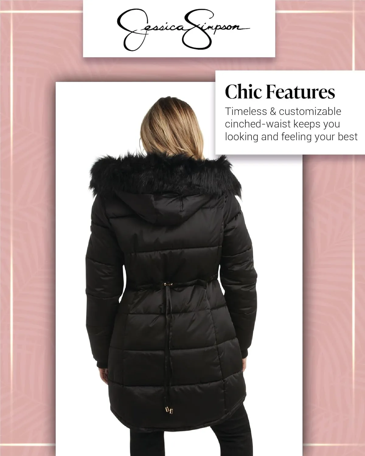 Jessica Simpson Women's Long Puffer Jacket - Quilted Winter Coat with Faux Fur Trim Hood - Insulated Coat for Women (S-XL)
