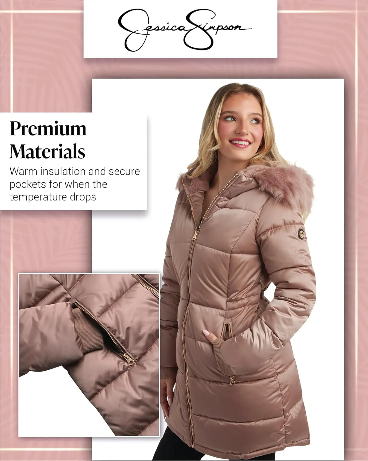 Jessica Simpson Women's Long Puffer Jacket - Quilted Winter Coat with Faux Fur Trim Hood - Insulated Coat for Women (S-XL)