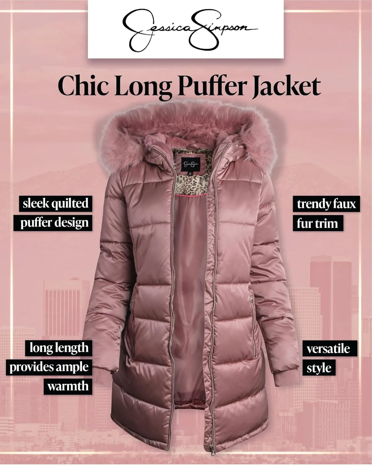 Jessica Simpson Women's Long Puffer Jacket - Quilted Winter Coat with Faux Fur Trim Hood - Insulated Coat for Women (S-XL)