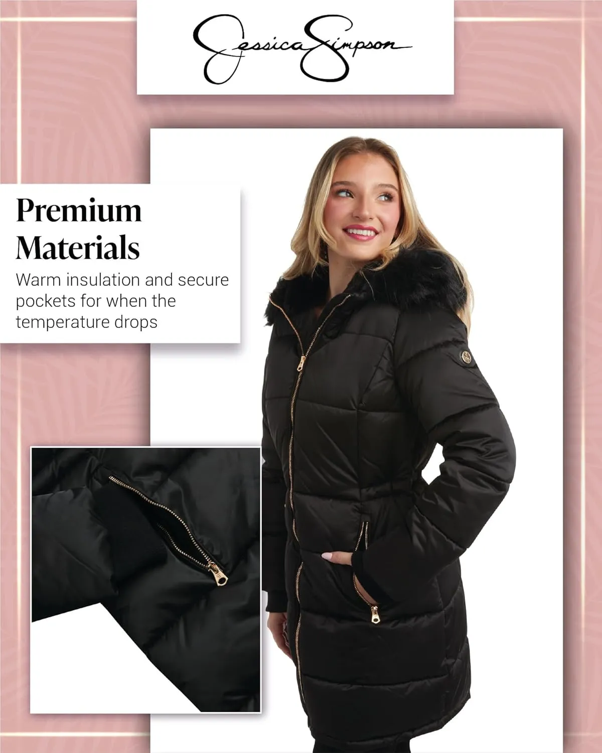 Jessica Simpson Women's Long Puffer Jacket - Quilted Winter Coat with Faux Fur Trim Hood - Insulated Coat for Women (S-XL)
