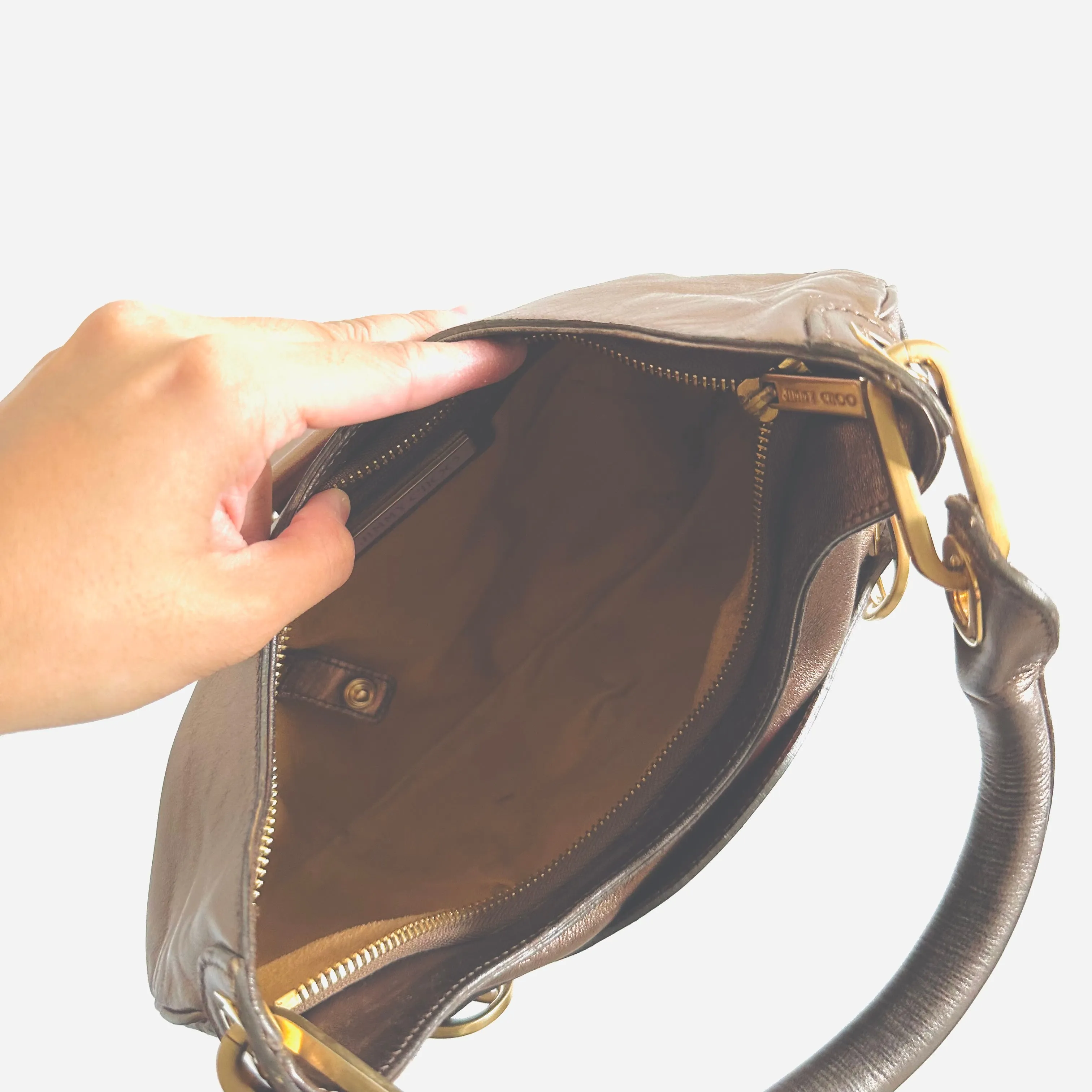 Jimmy Choo Tulita Metallic Brown GHW Leather Hobo Baguette Shoulder Bag