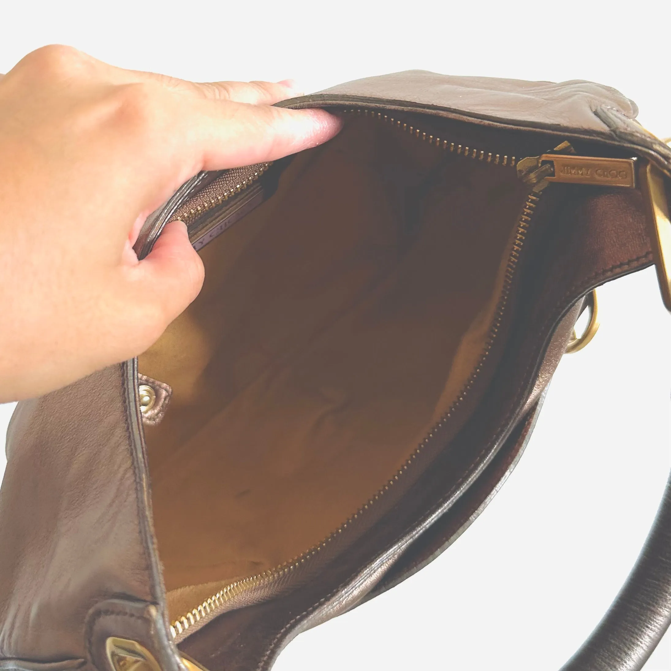 Jimmy Choo Tulita Metallic Brown GHW Leather Hobo Baguette Shoulder Bag