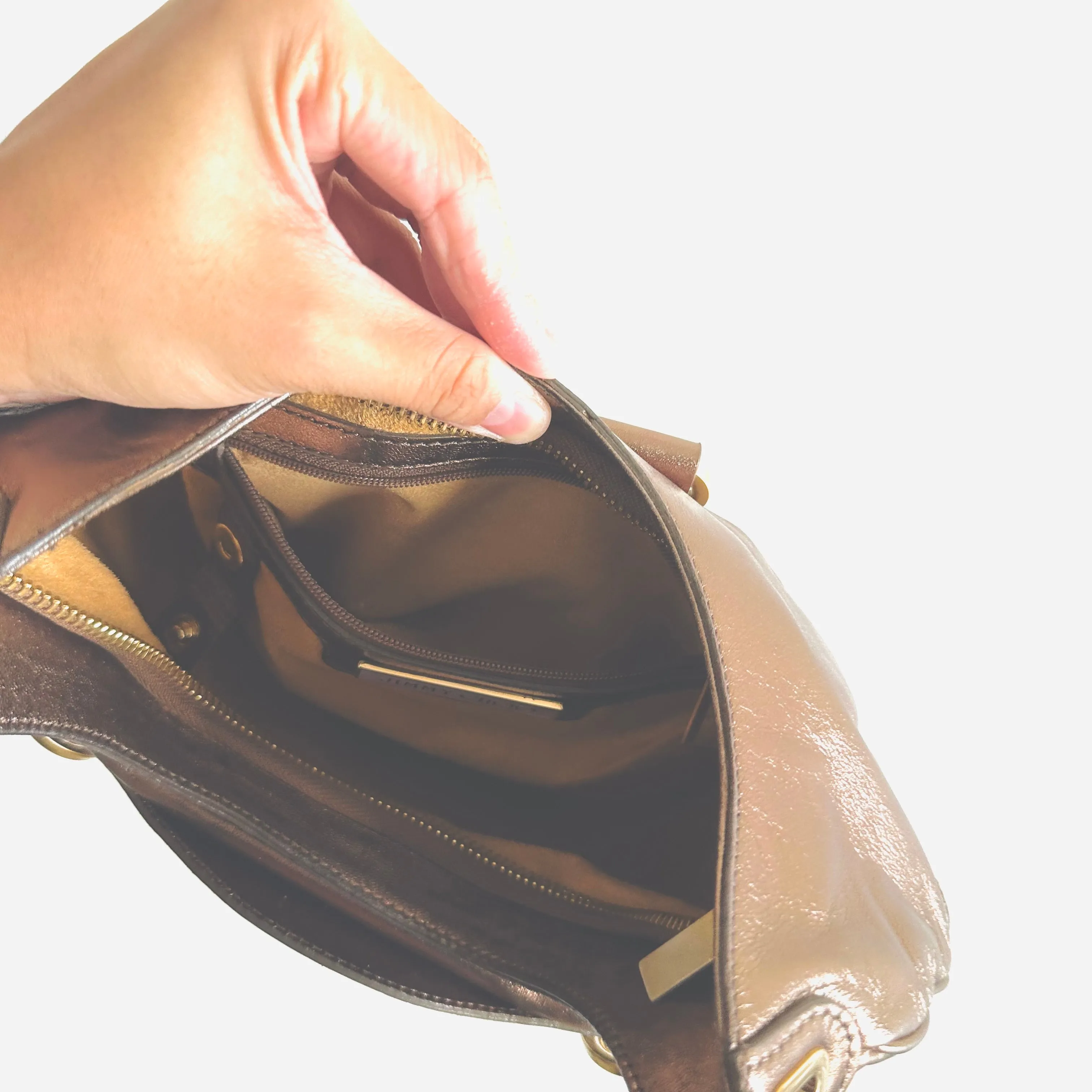 Jimmy Choo Tulita Metallic Brown GHW Leather Hobo Baguette Shoulder Bag
