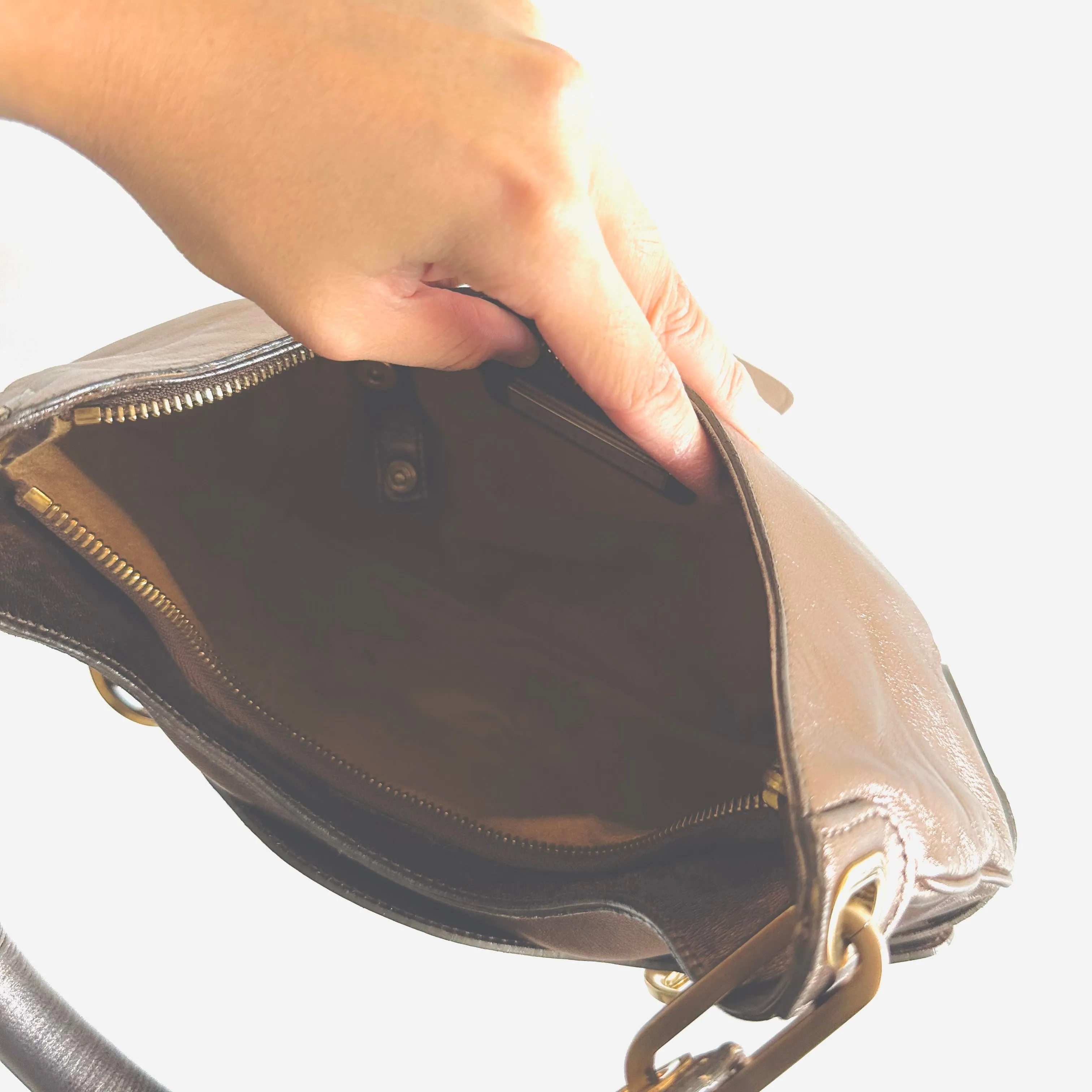 Jimmy Choo Tulita Metallic Brown GHW Leather Hobo Baguette Shoulder Bag