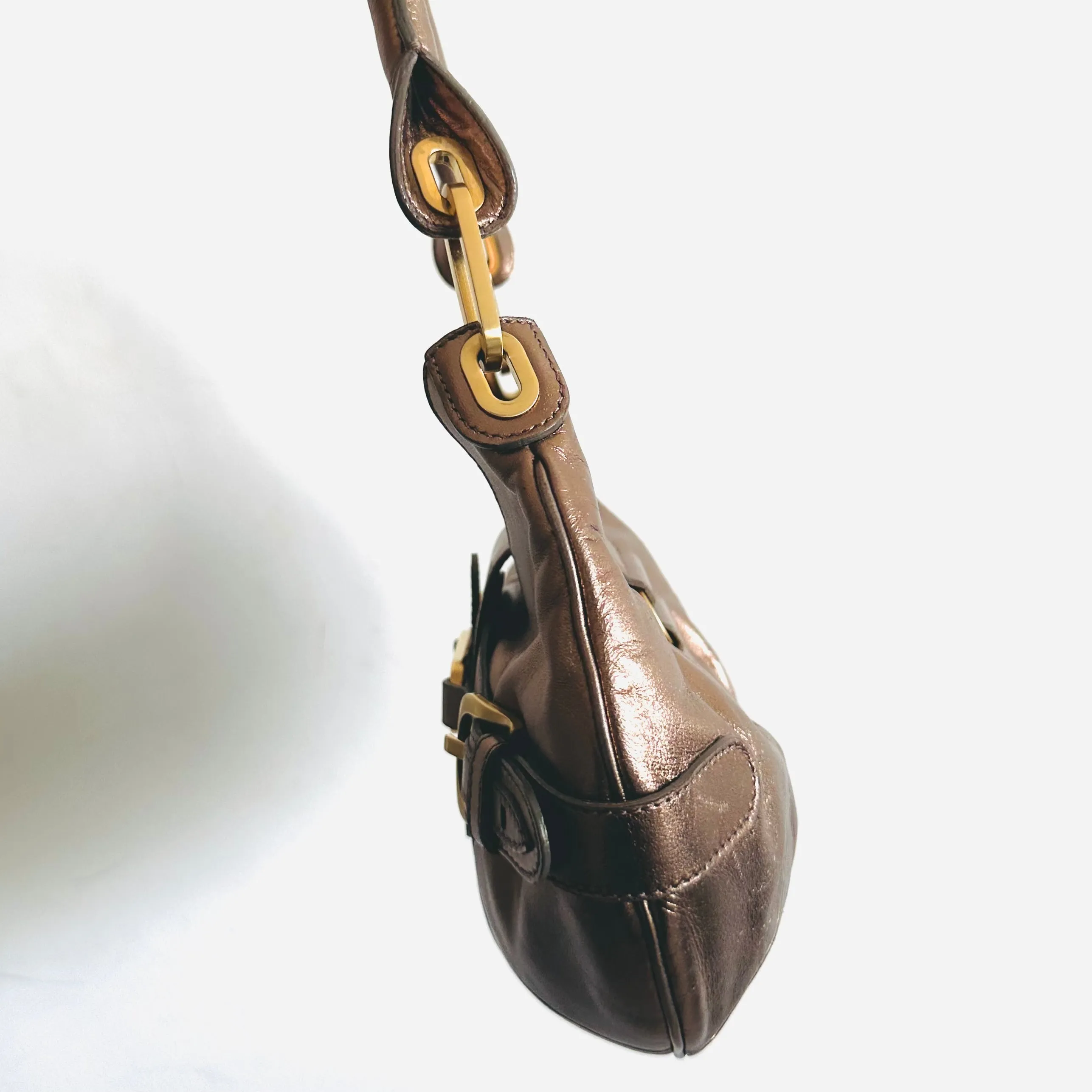 Jimmy Choo Tulita Metallic Brown GHW Leather Hobo Baguette Shoulder Bag